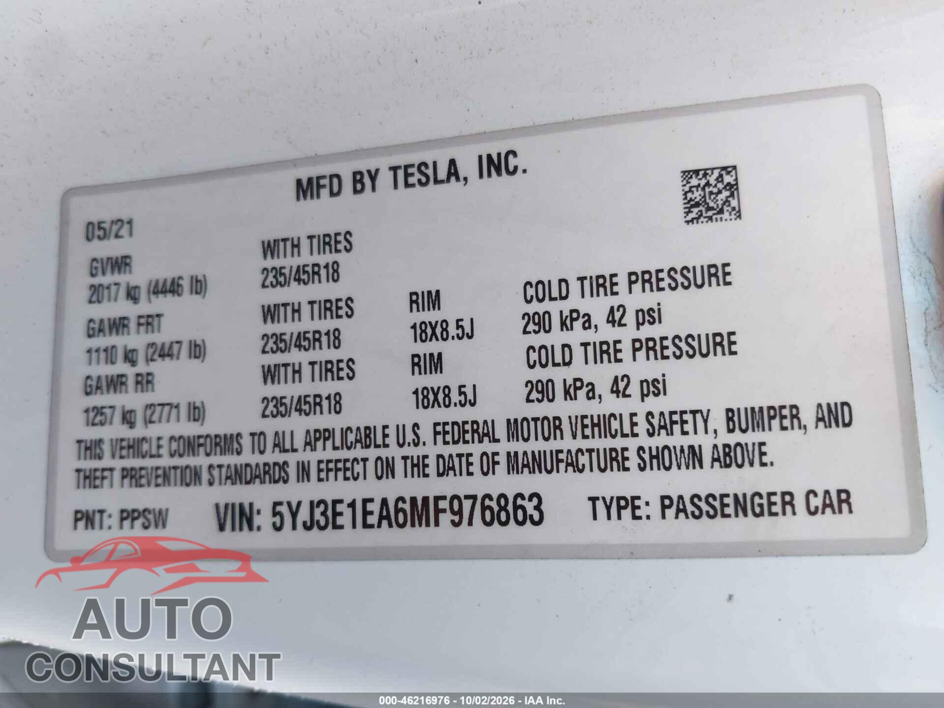 TESLA MODEL 3 2021 - 5YJ3E1EA6MF976863