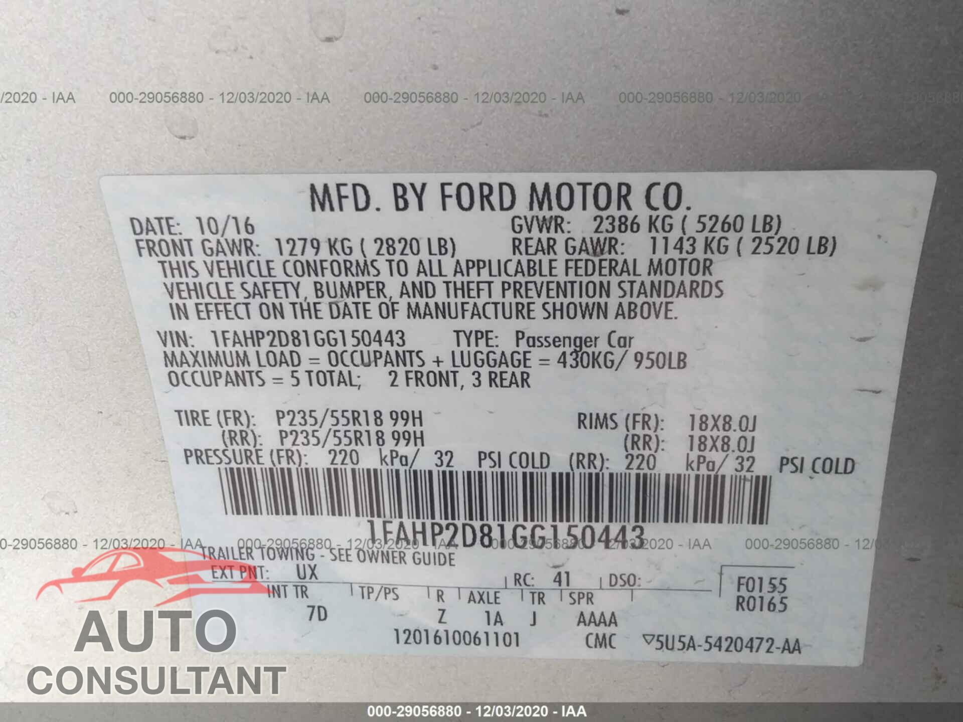 FORD TAURUS 2016 - 1FAHP2D81GG150443
