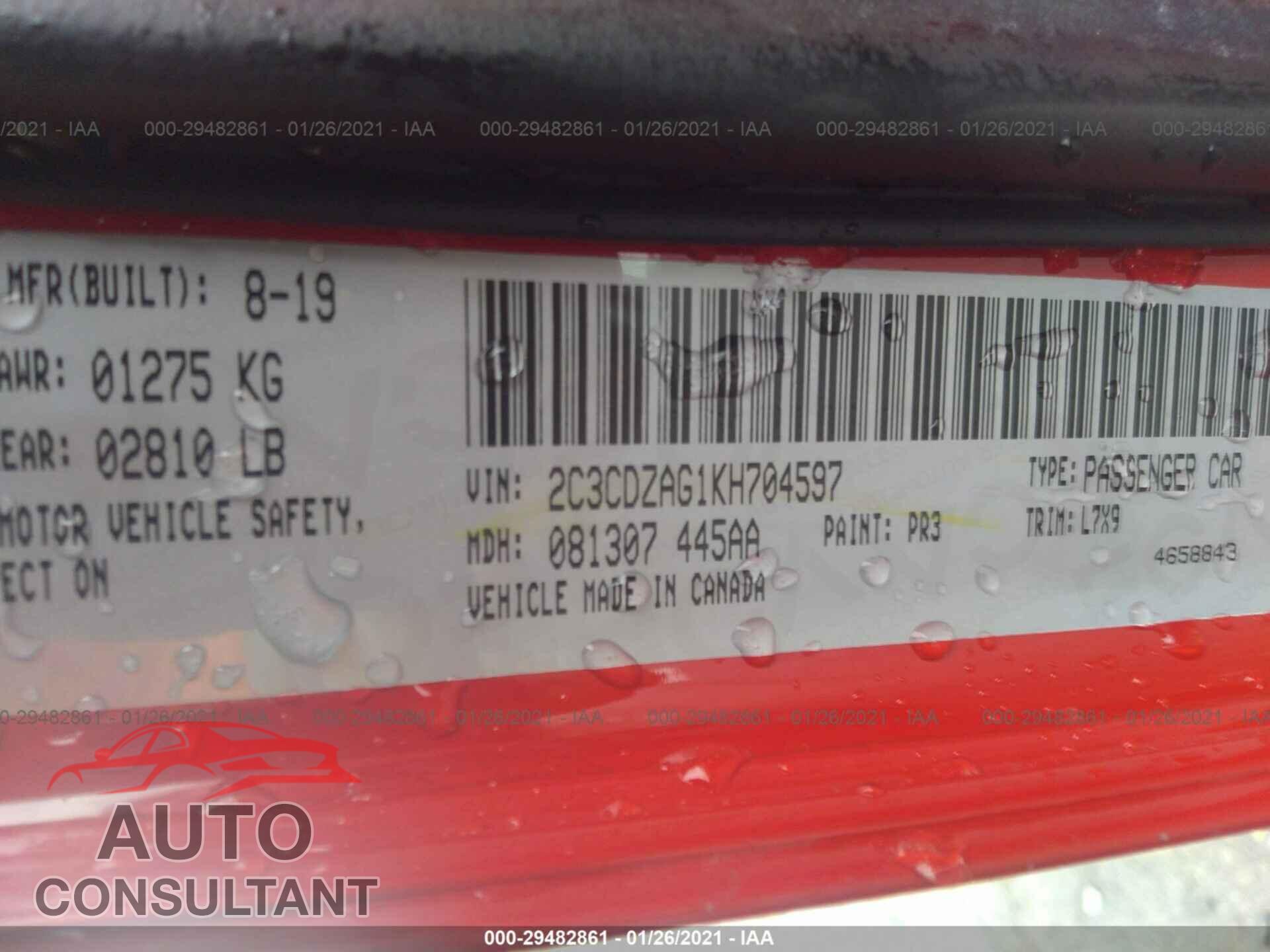 DODGE CHALLENGER 2019 - 2C3CDZAG1KH704597