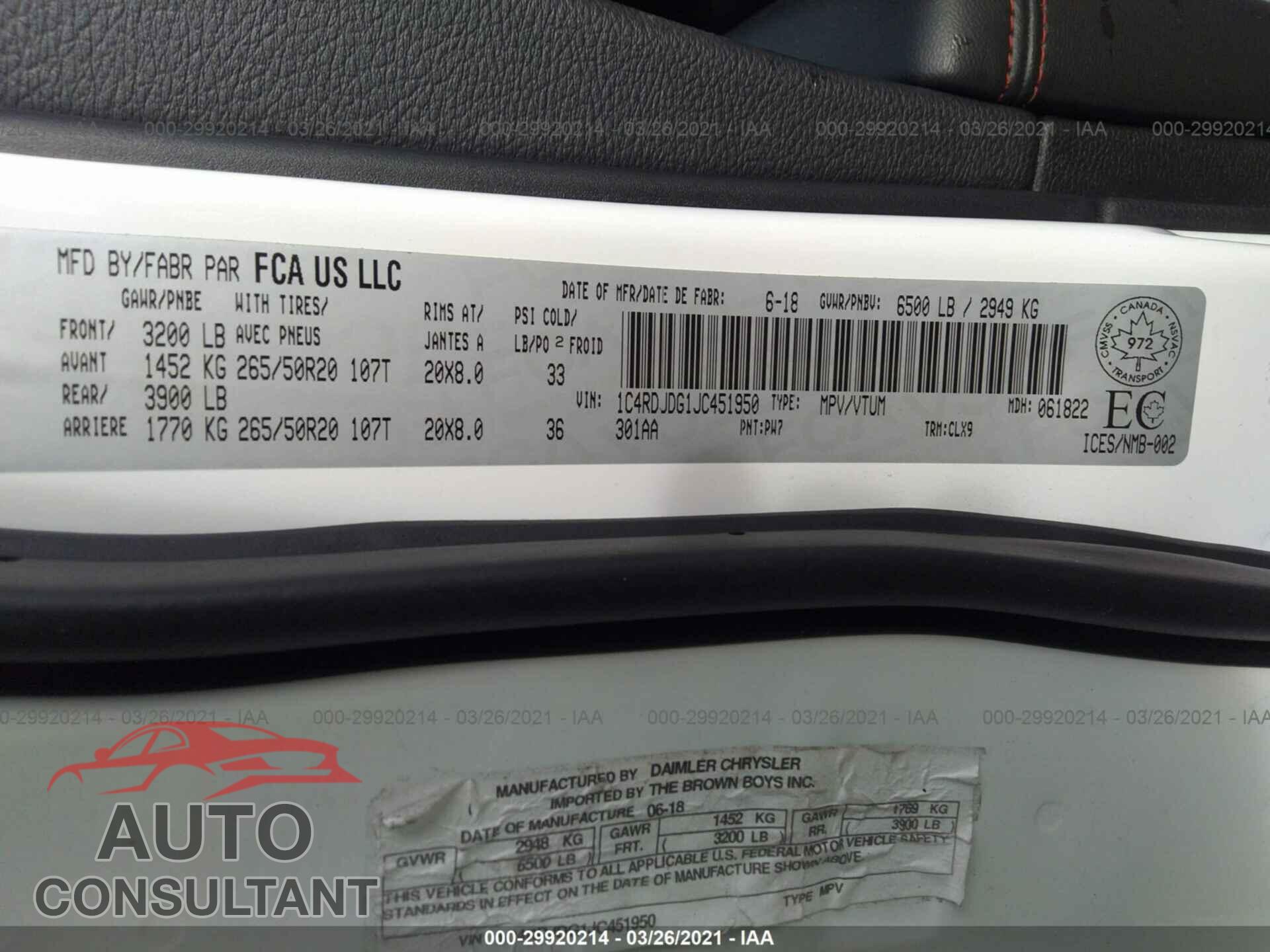 DODGE DURANGO 2018 - 1C4RDJDG1JC451950
