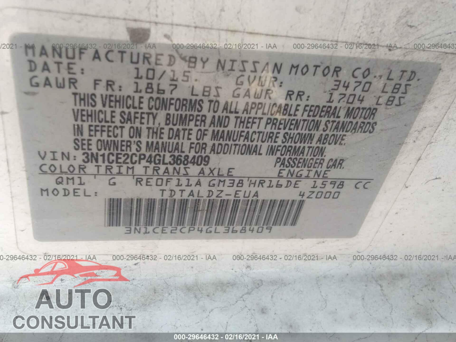 NISSAN VERSA NOTE 2016 - 3N1CE2CP4GL368409
