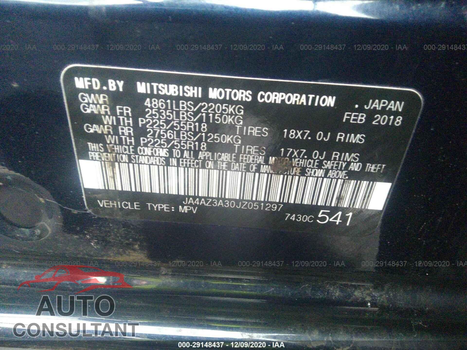 MITSUBISHI OUTLANDER 2018 - JA4AZ3A30JZ051297