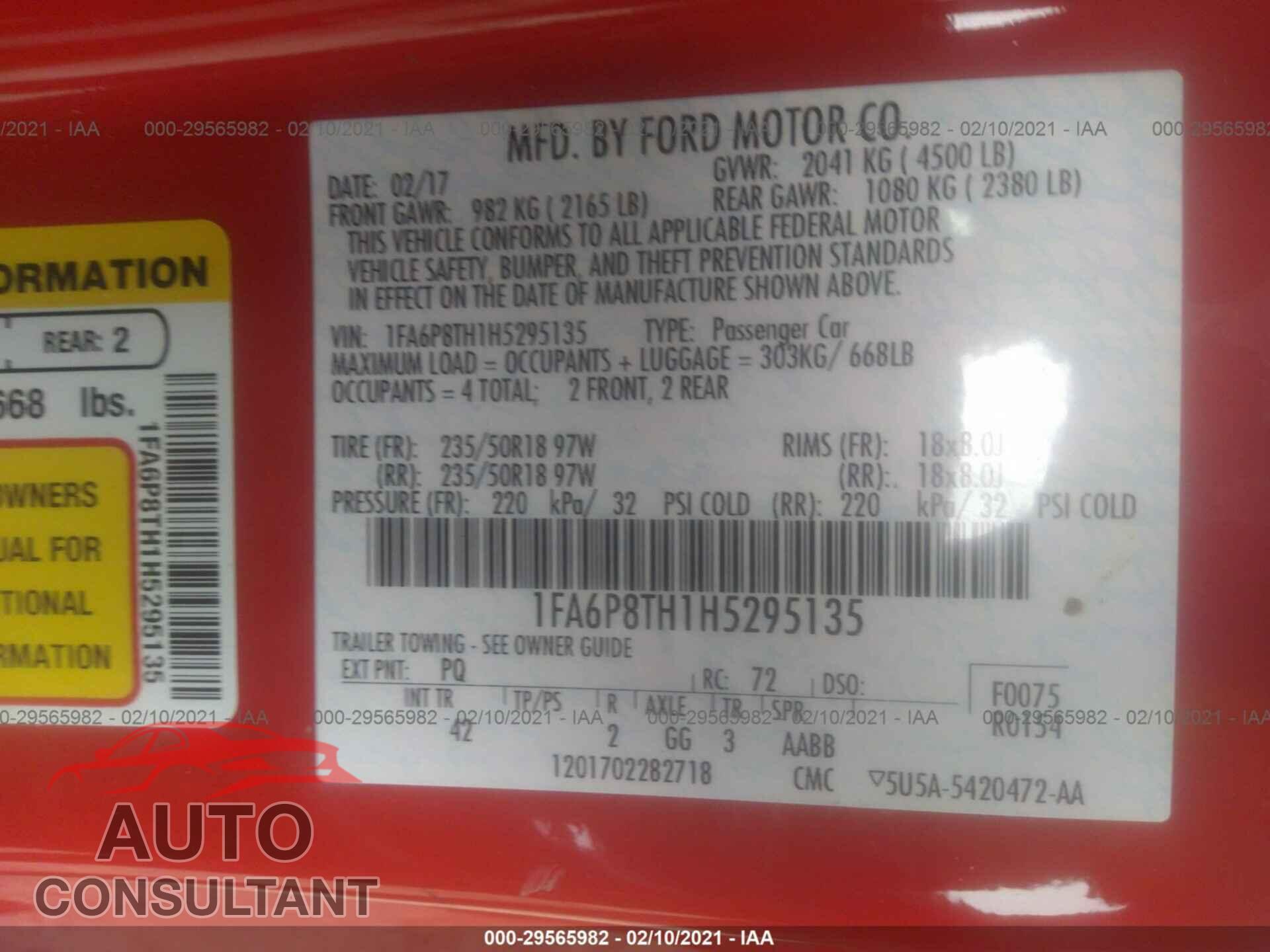 FORD MUSTANG 2017 - 1FA6P8TH1H5295135