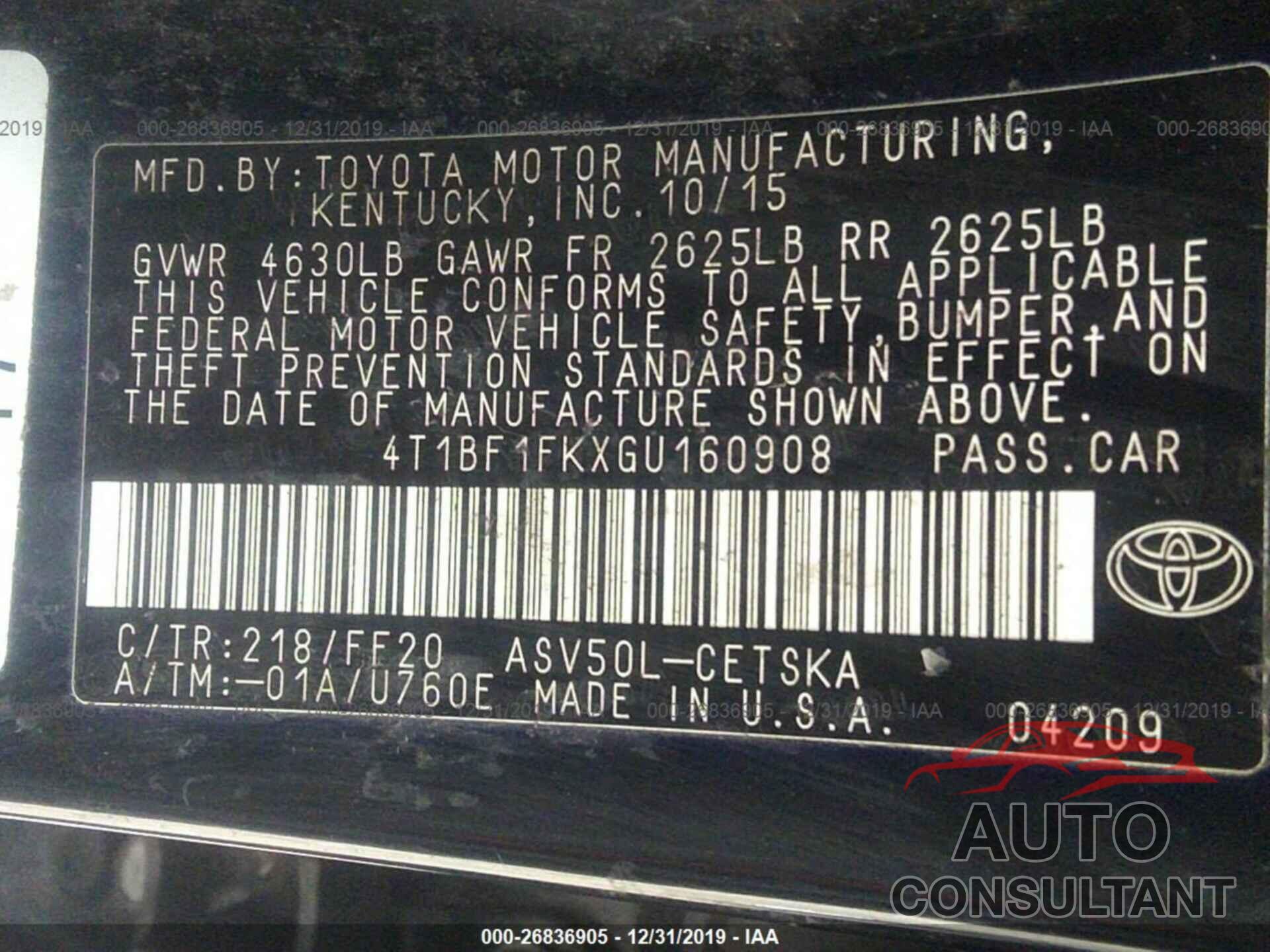 TOYOTA CAMRY 2016 - 4T1BF1FKXGU160908