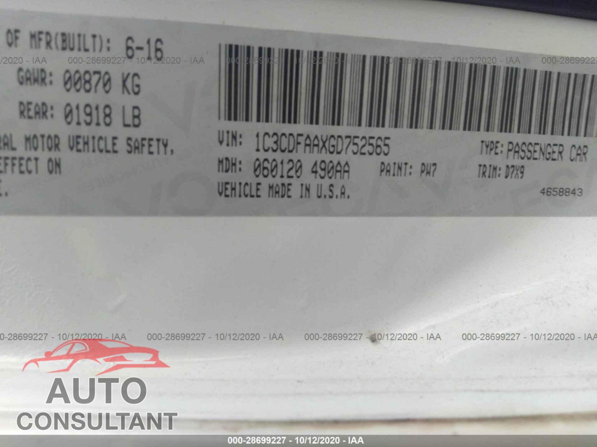 DODGE DART 2016 - 1C3CDFAAXGD752565