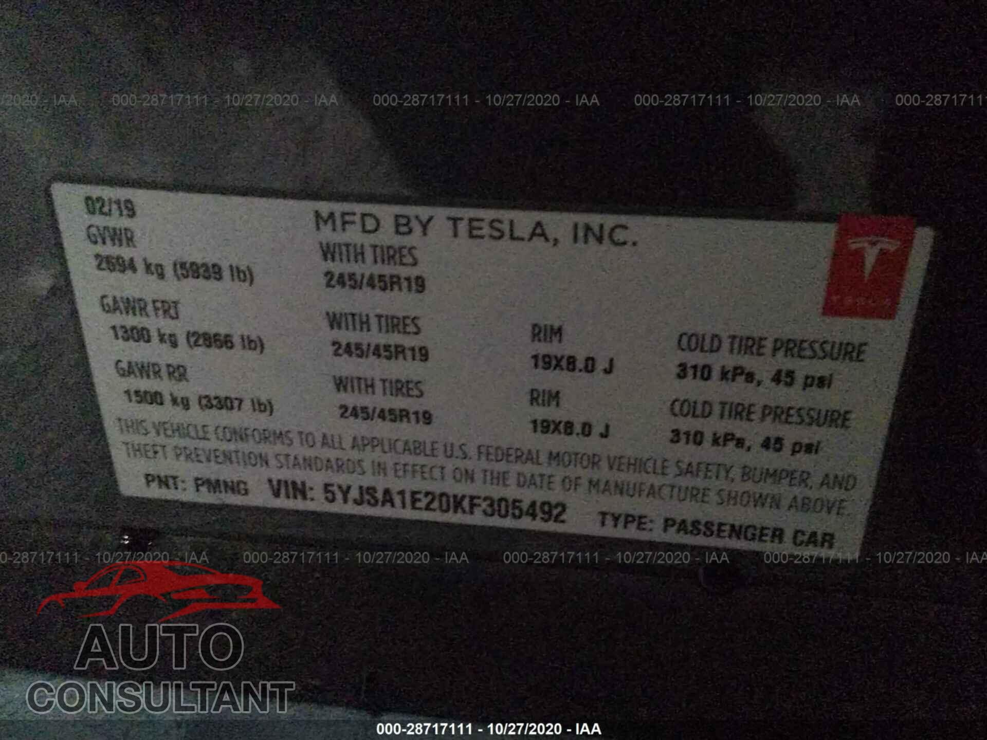 TESLA MODEL S 2019 - 5YJSA1E20KF305492