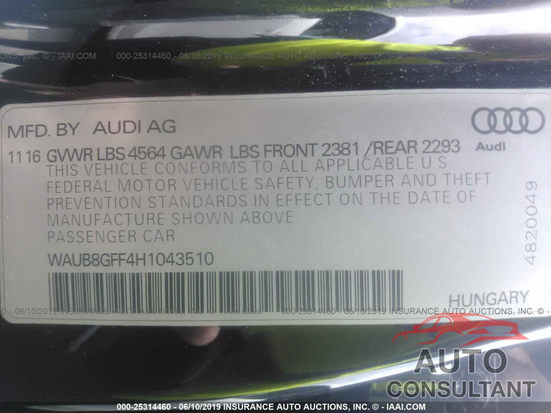 AUDI A3 2017 - WAUB8GFF4H1043510