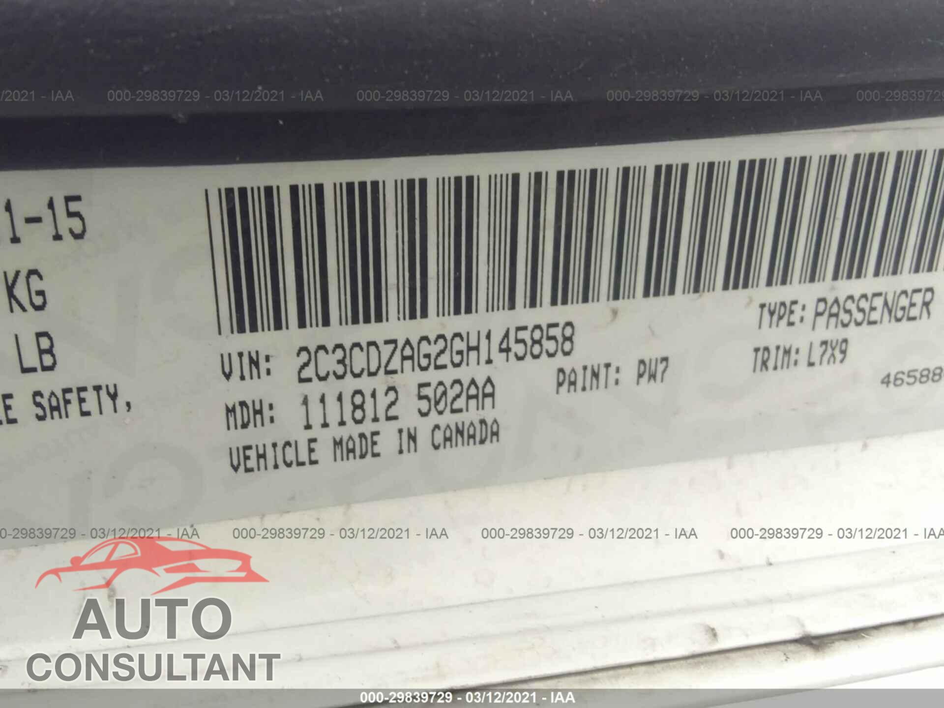 DODGE CHALLENGER 2016 - 2C3CDZAG2GH145858