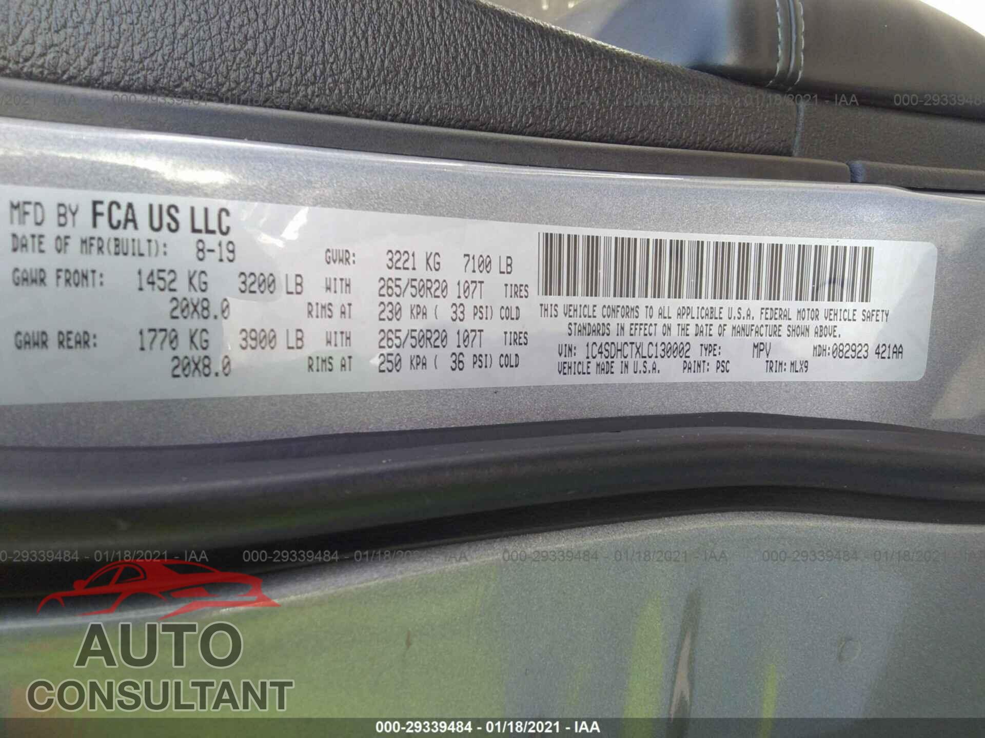 DODGE DURANGO 2020 - 1C4SDHCTXLC130002