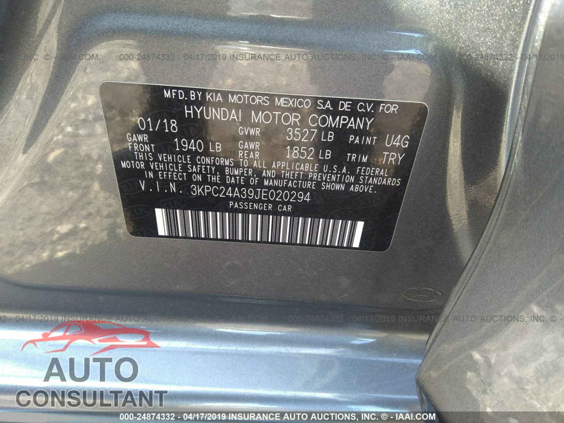 HYUNDAI ACCENT 2018 - 3KPC24A39JE020294