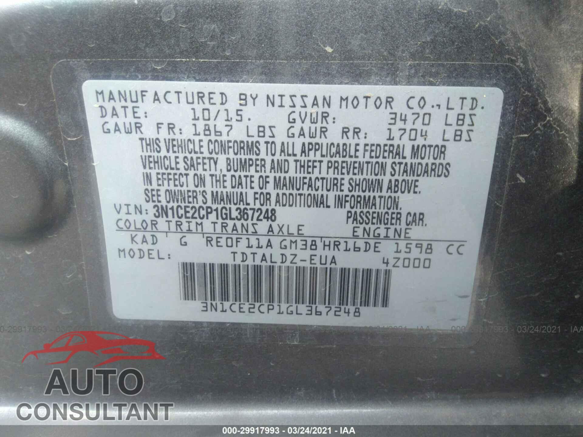 NISSAN VERSA NOTE 2016 - 3N1CE2CP1GL367248