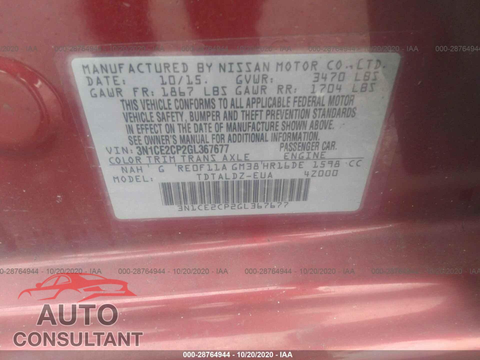 NISSAN VERSA NOTE 2016 - 3N1CE2CP2GL367677