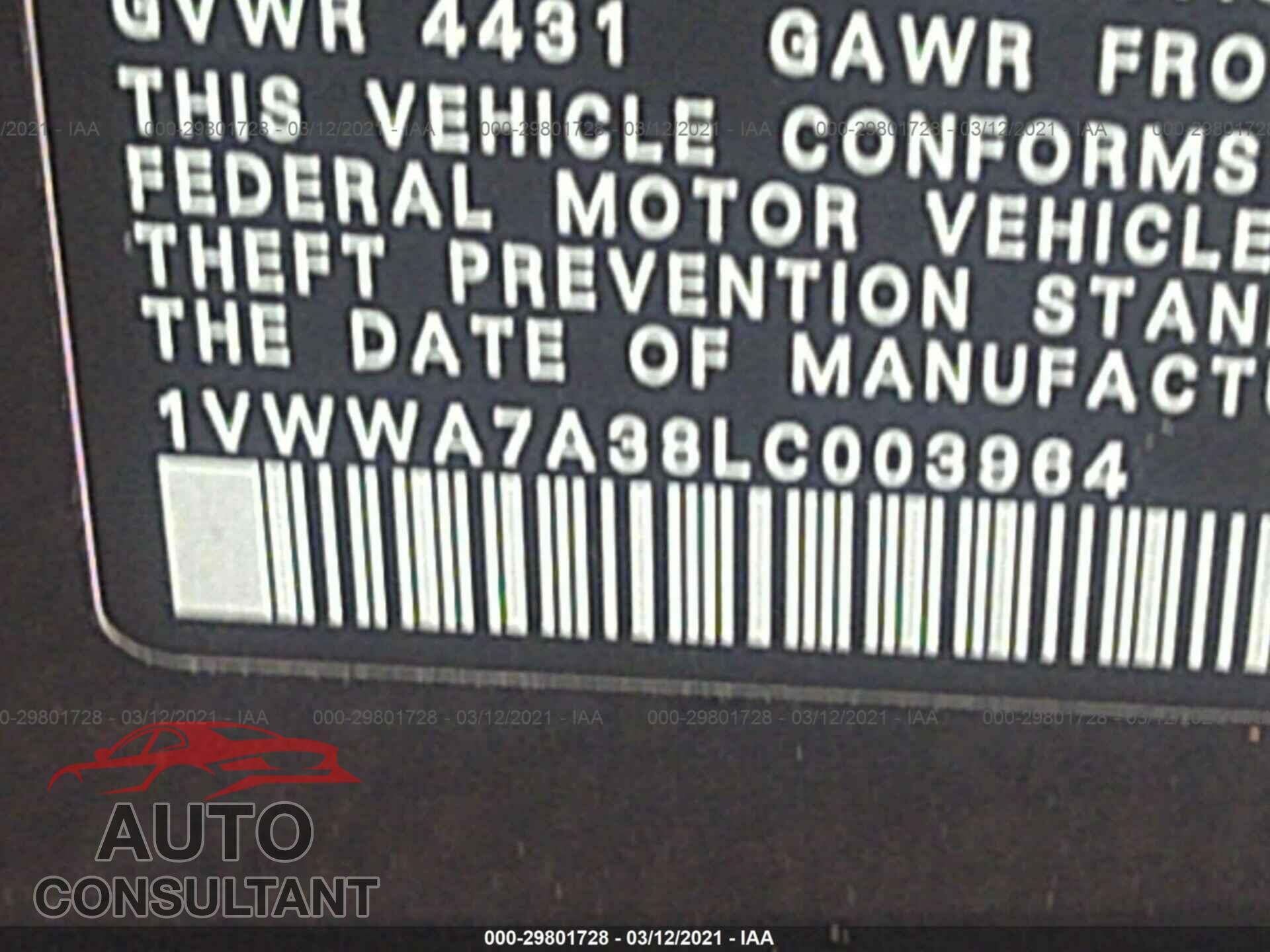 VOLKSWAGEN PASSAT 2020 - 1VWWA7A38LC003964