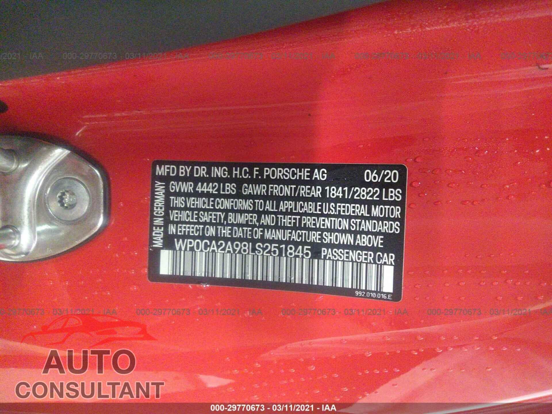 PORSCHE 911 2020 - WP0CA2A98LS251845
