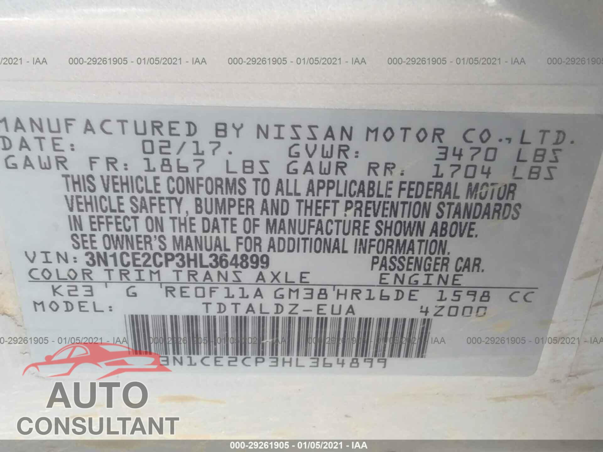 NISSAN VERSA NOTE 2017 - 3N1CE2CP3HL364899