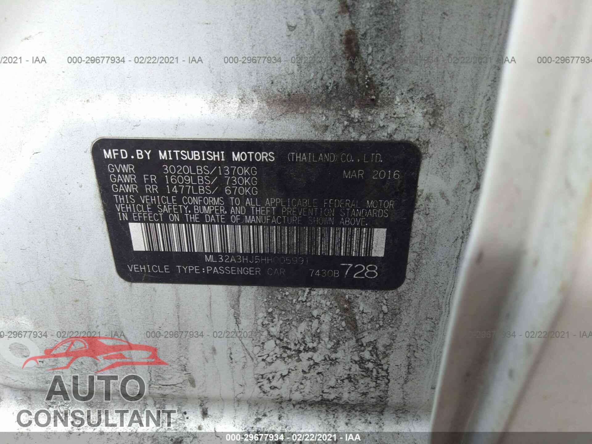 MITSUBISHI MIRAGE 2017 - ML32A3HJ5HH005991