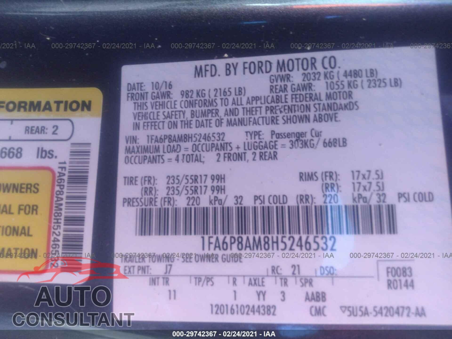 FORD MUSTANG 2017 - 1FA6P8AM8H5246532