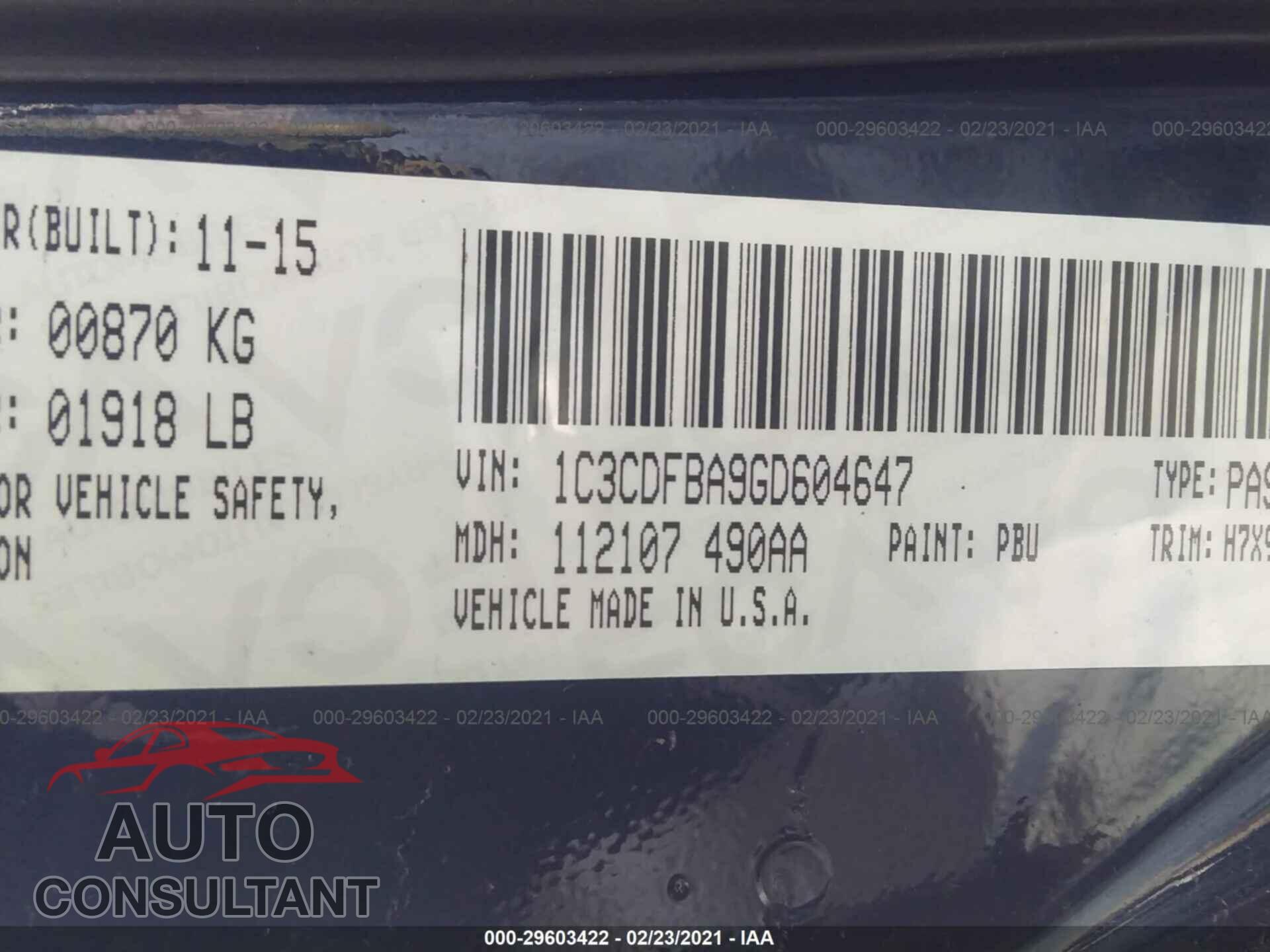 DODGE DART 2016 - 1C3CDFBA9GD604647