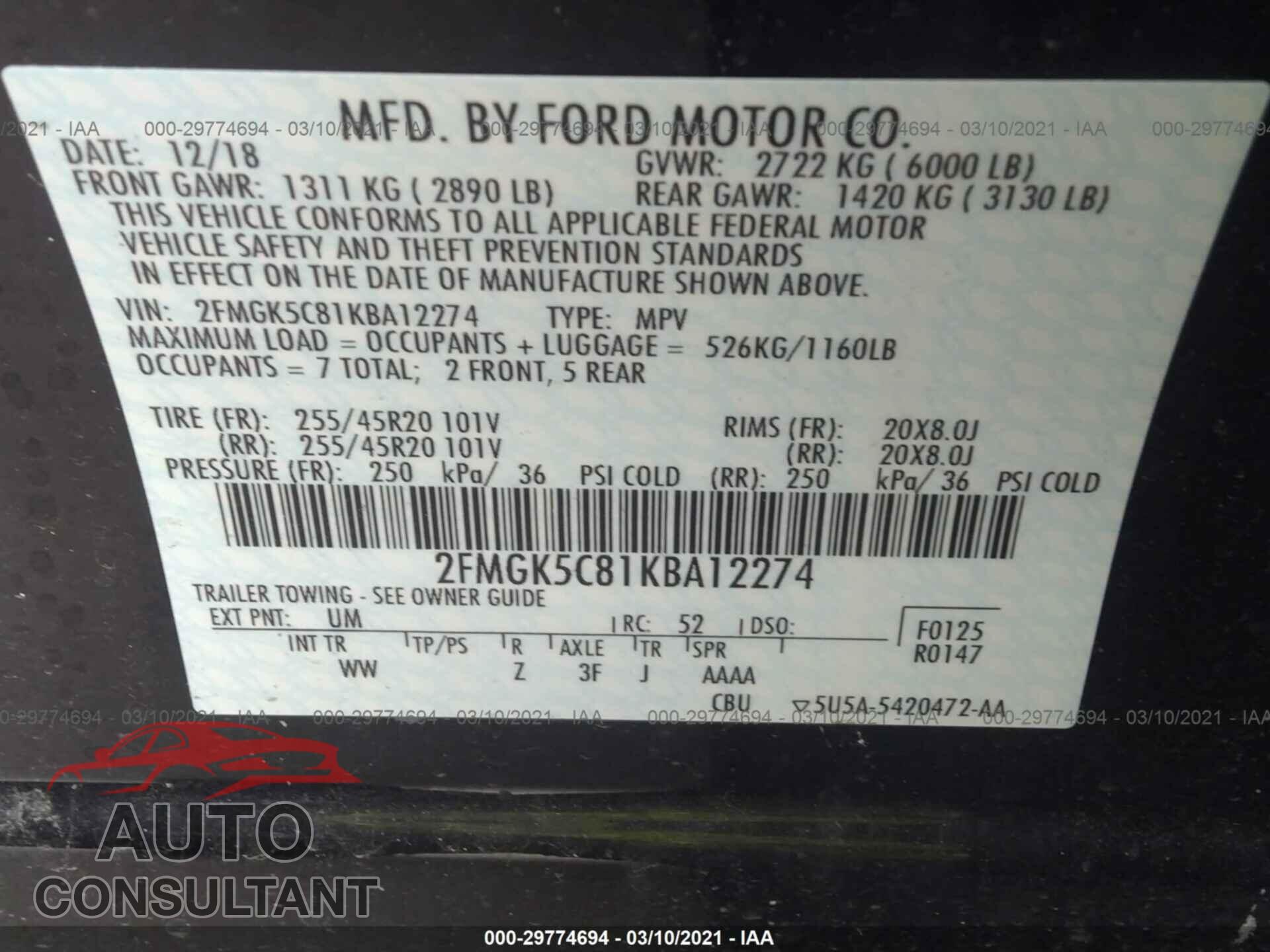 FORD FLEX 2019 - 2FMGK5C81KBA12274