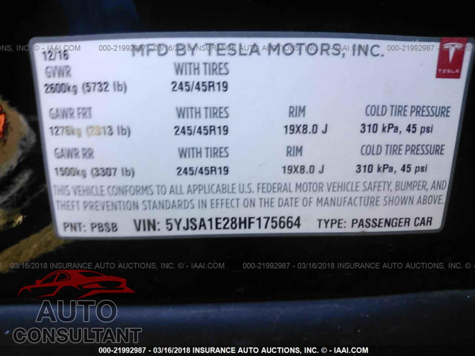 TESLA MODEL S 2017 - 5YJSA1E28HF175664