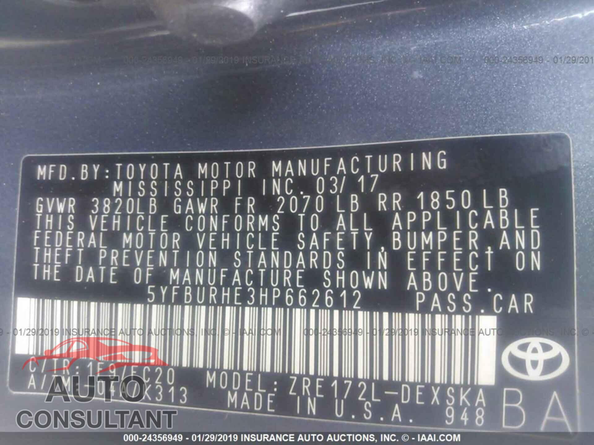 TOYOTA COROLLA 2017 - 5YFBURHE3HP662612