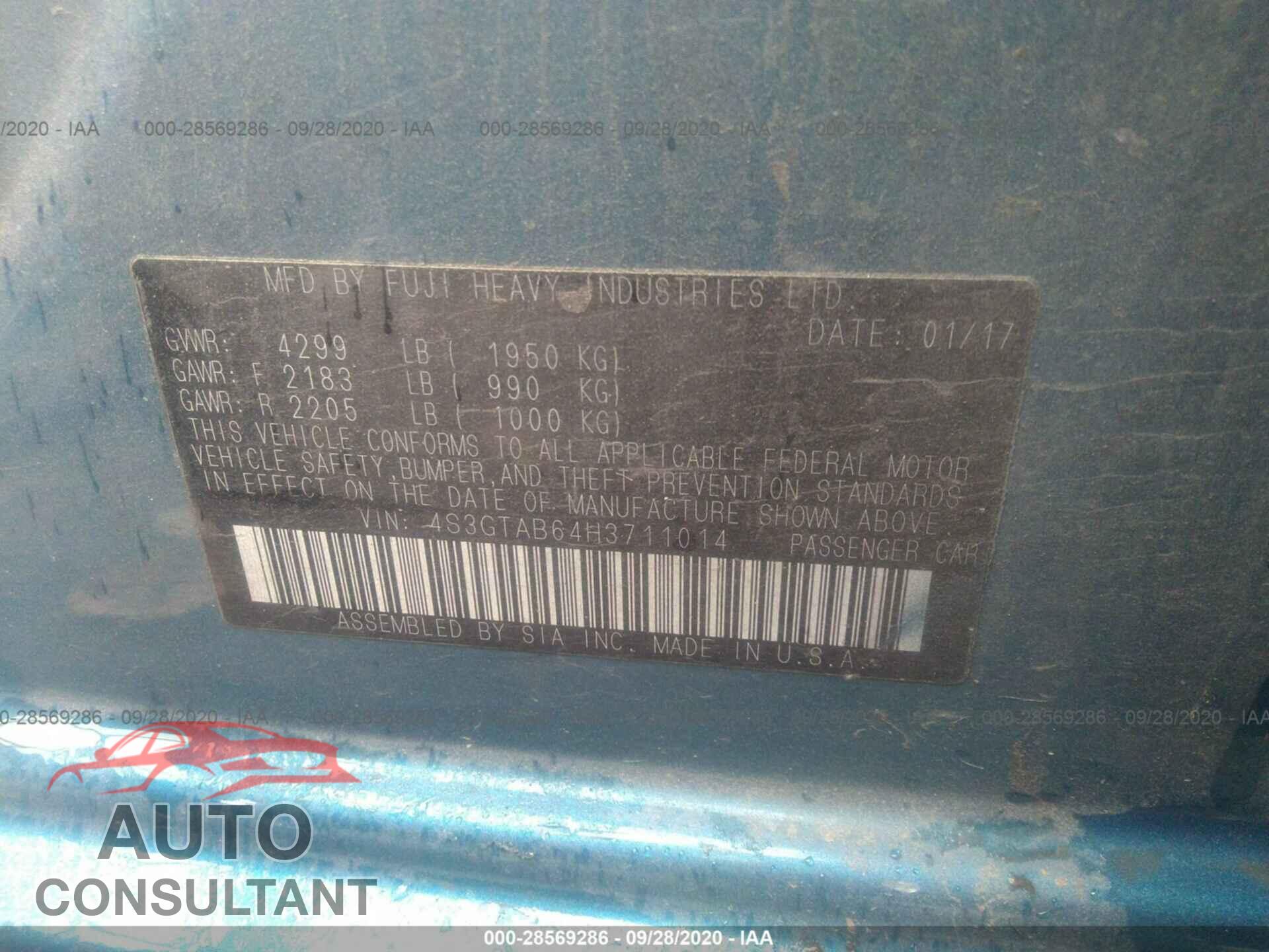 SUBARU IMPREZA 2017 - 4S3GTAB64H3711014