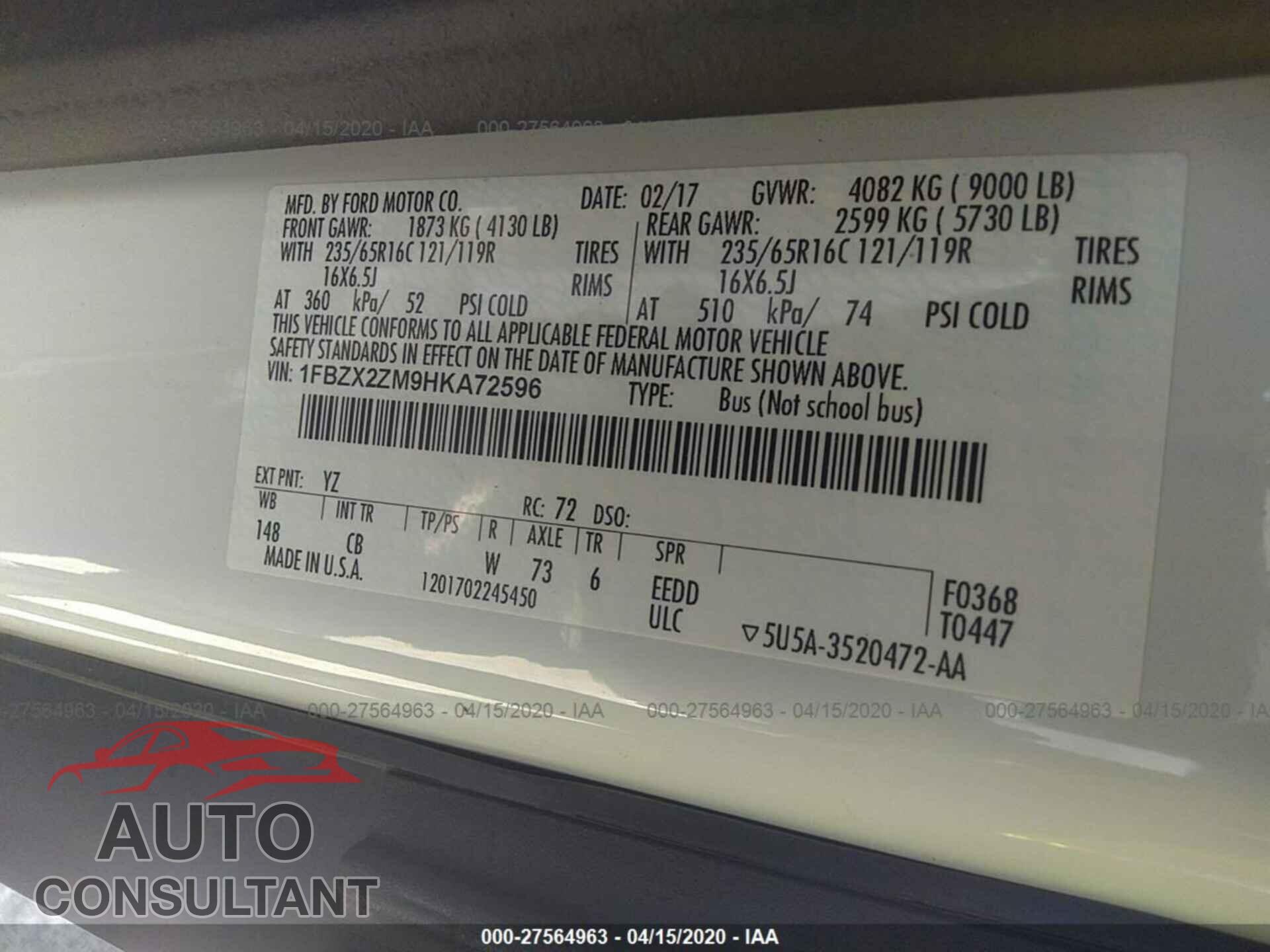 FORD TRANSIT 2017 - 1FBZX2ZM9HKA72596