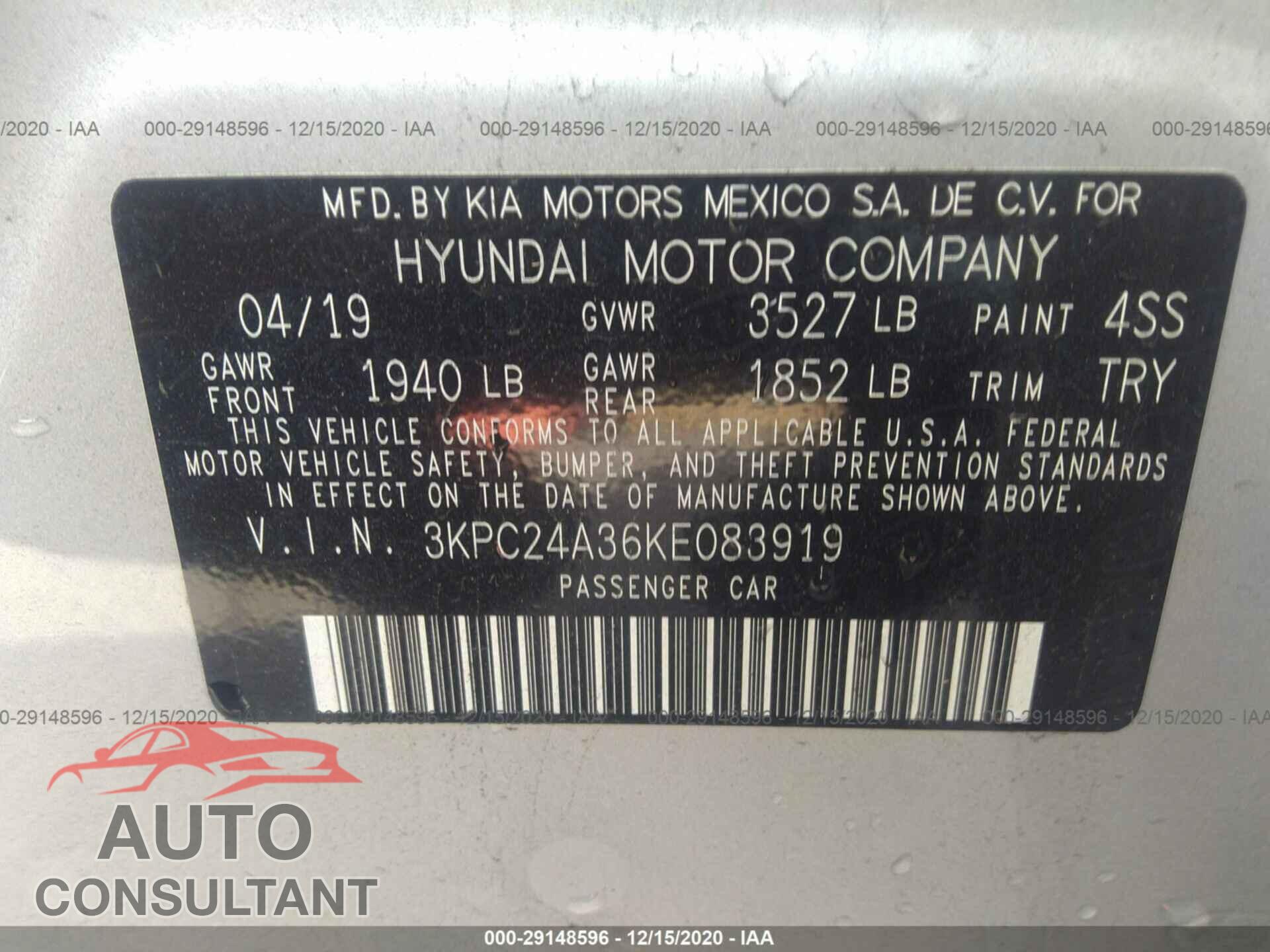 HYUNDAI ACCENT 2019 - 3KPC24A36KE083919