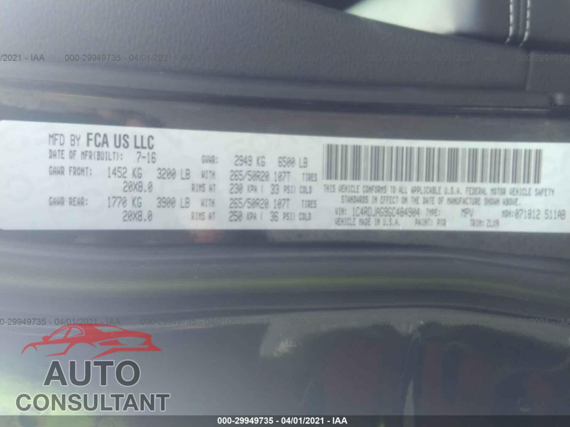 DODGE DURANGO 2016 - 1C4RDJAG9GC484904