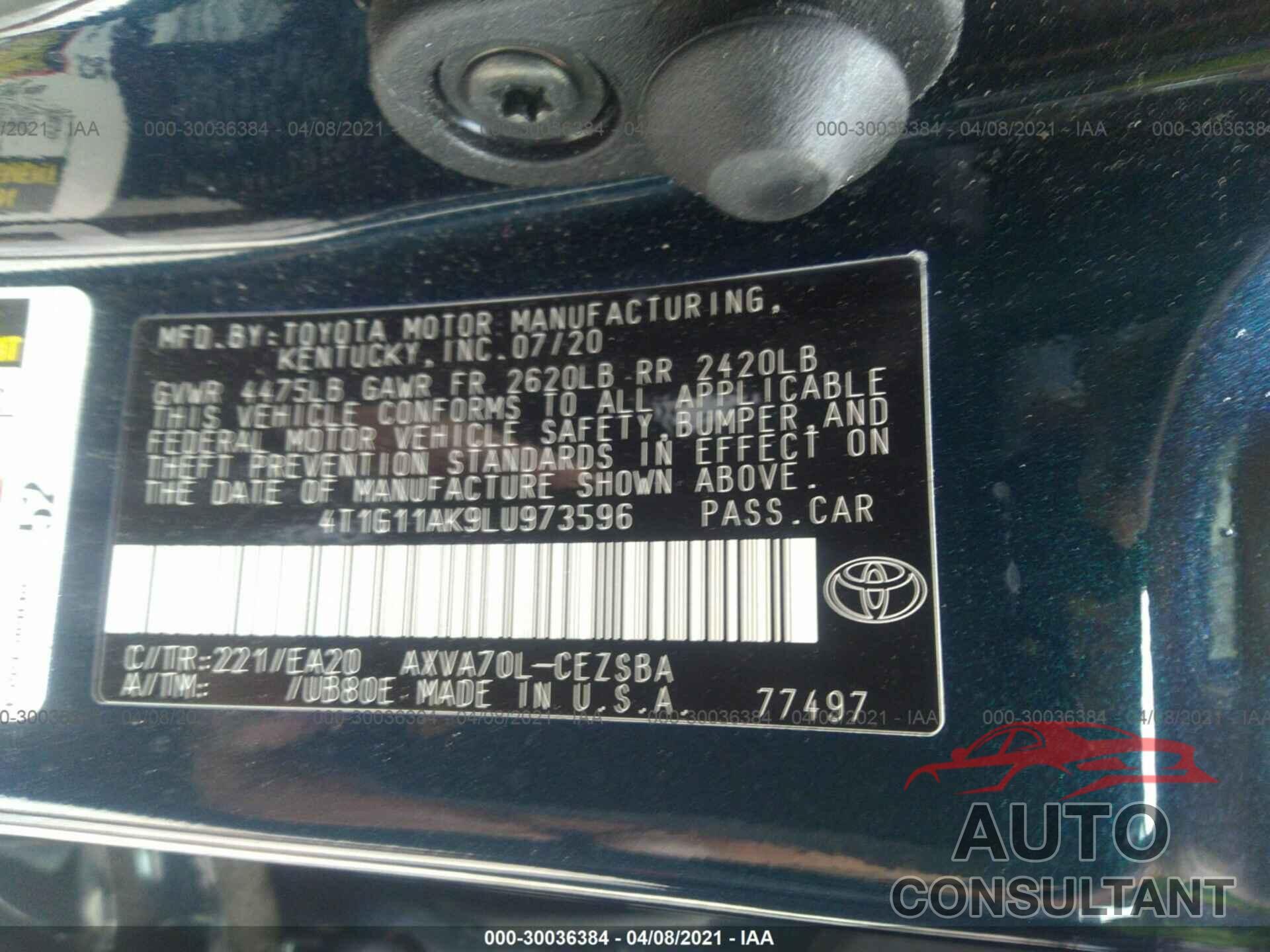 TOYOTA CAMRY 2020 - 4T1G11AK9LU973596