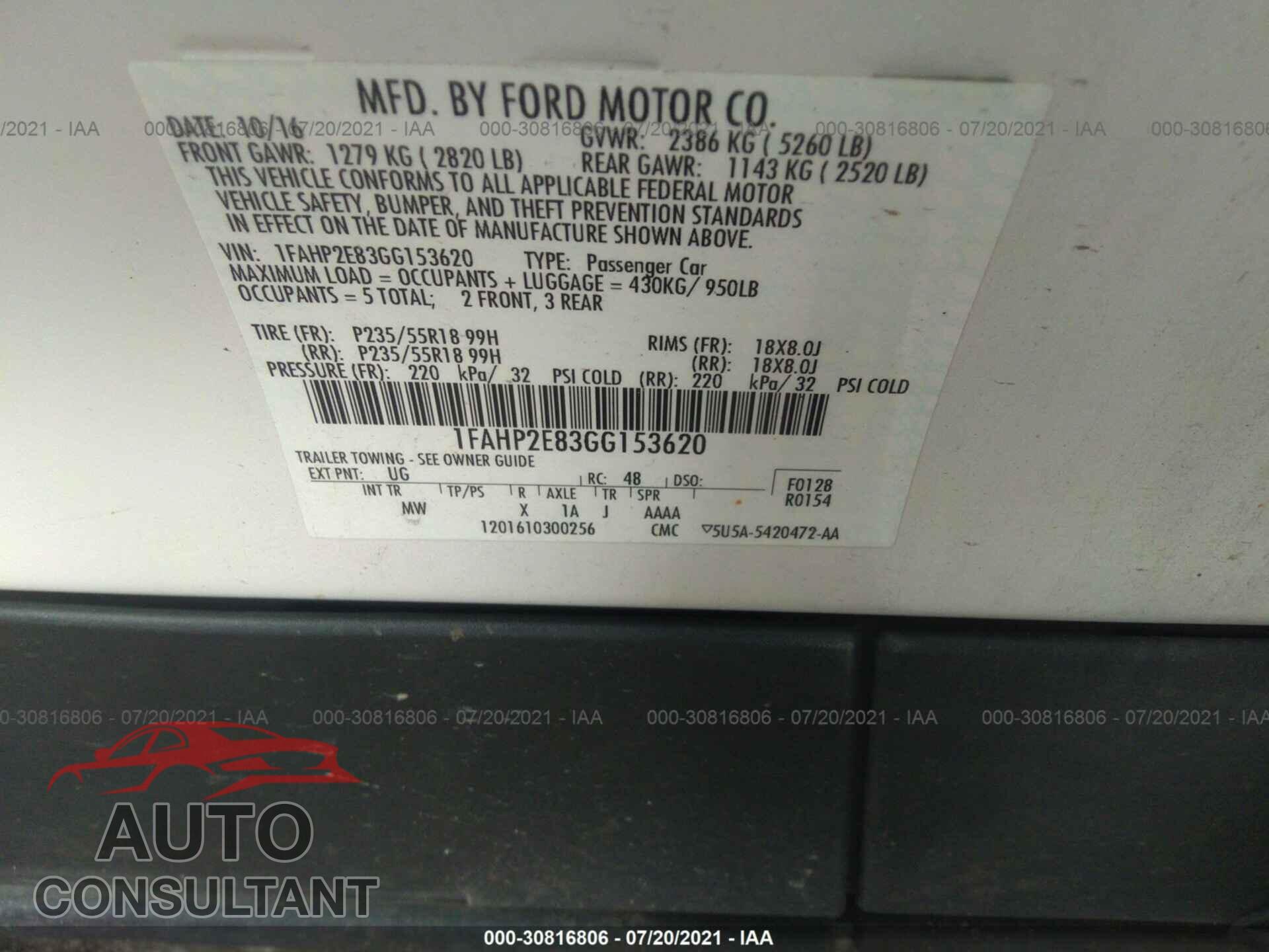 FORD TAURUS 2016 - 1FAHP2E83GG153620