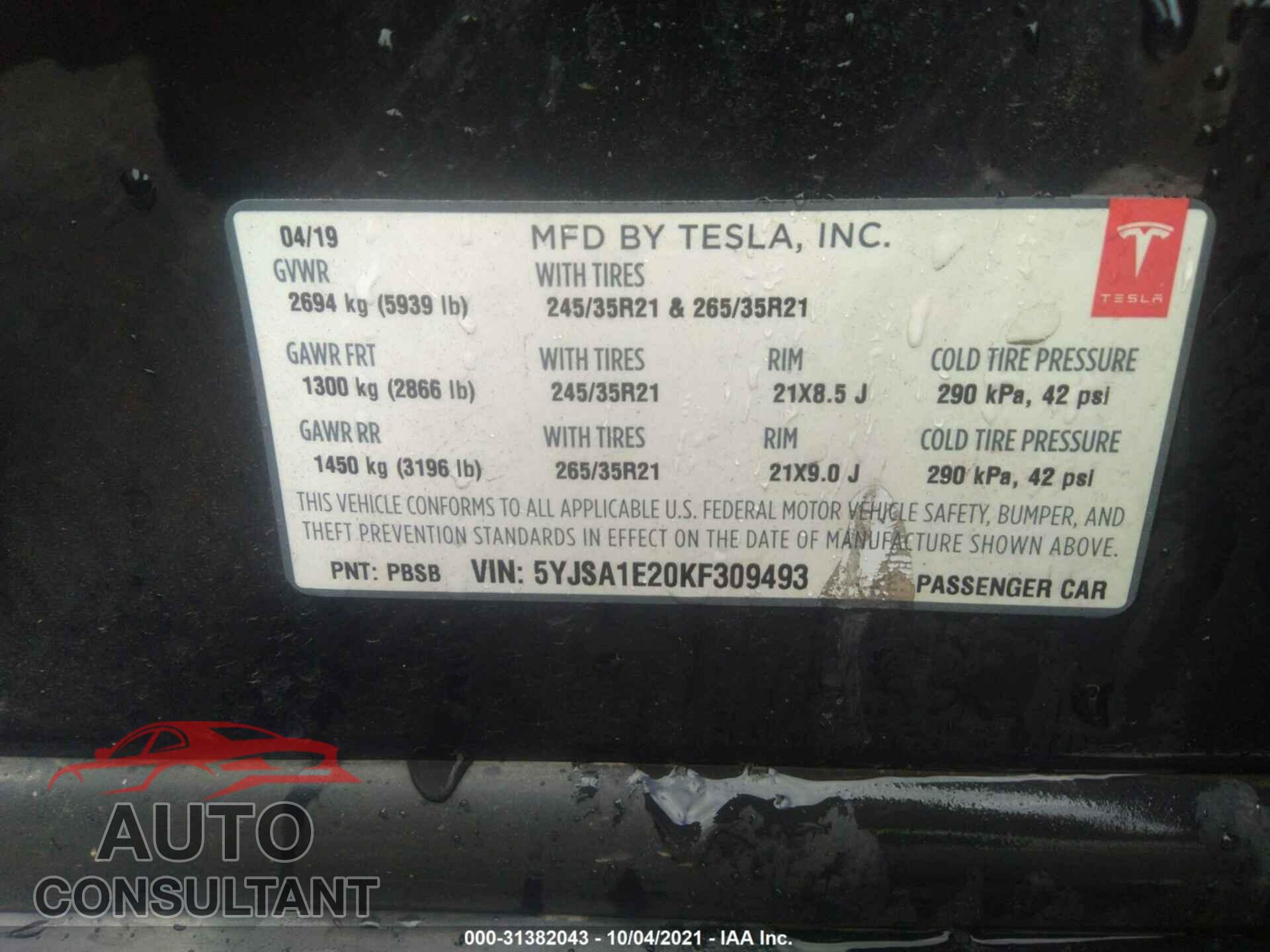 TESLA MODEL S 2019 - 5YJSA1E20KF309493