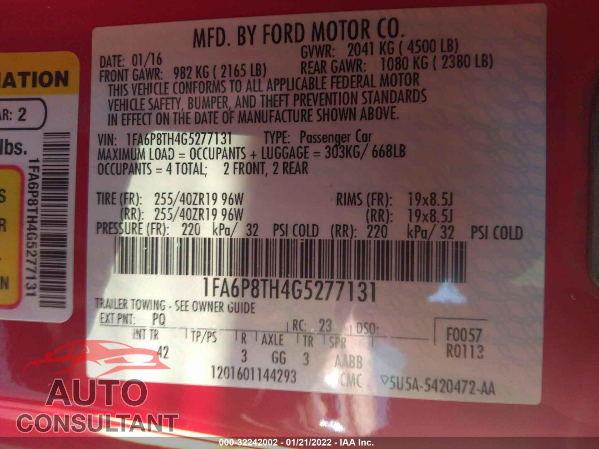 FORD MUSTANG 2016 - 1FA6P8TH4G5277131
