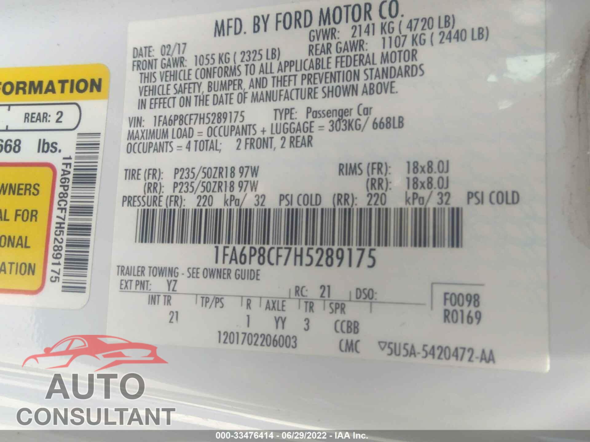 FORD MUSTANG 2017 - 1FA6P8CF7H5289175