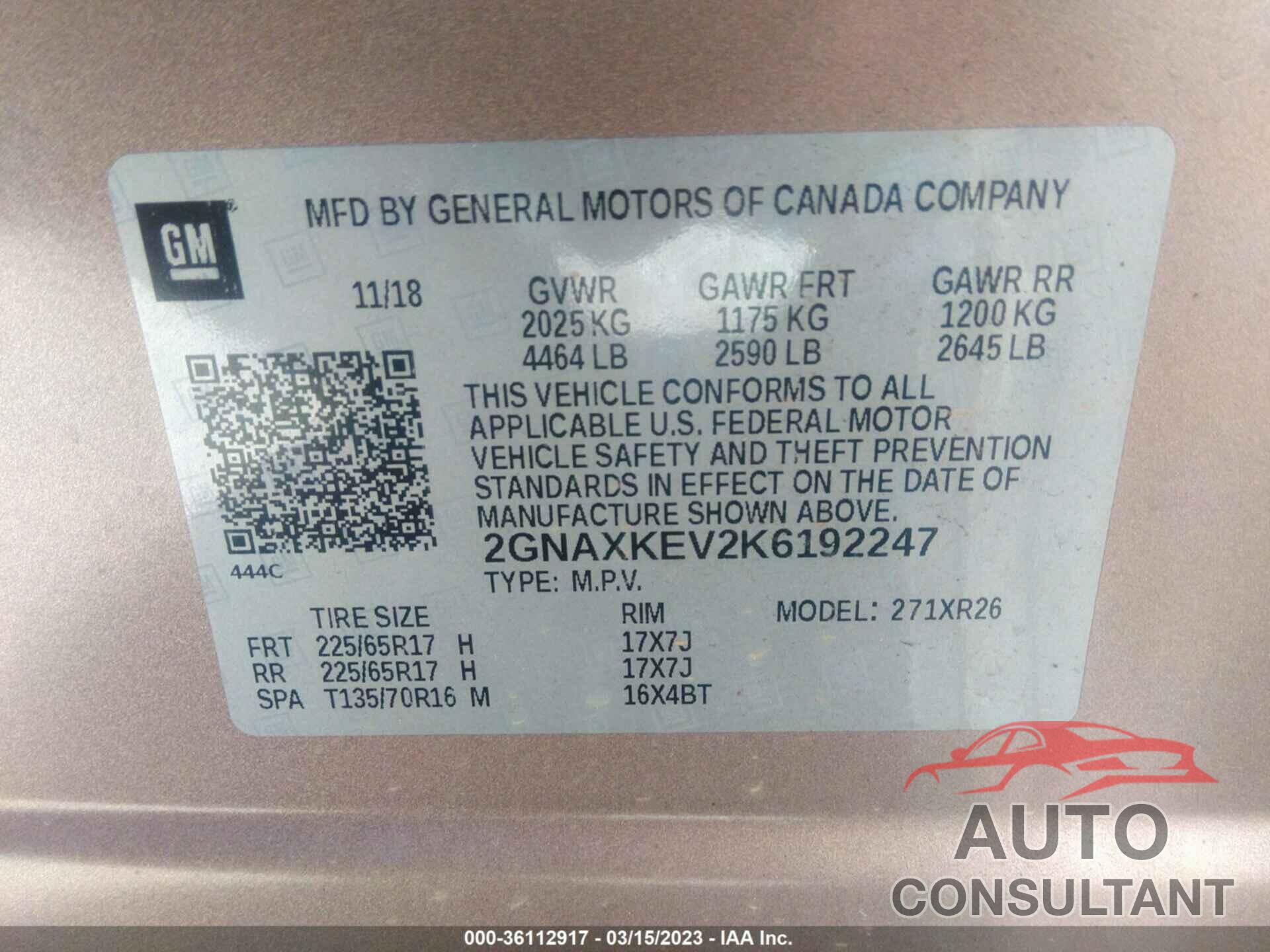 CHEVROLET EQUINOX 2019 - 2GNAXKEV2K6192247