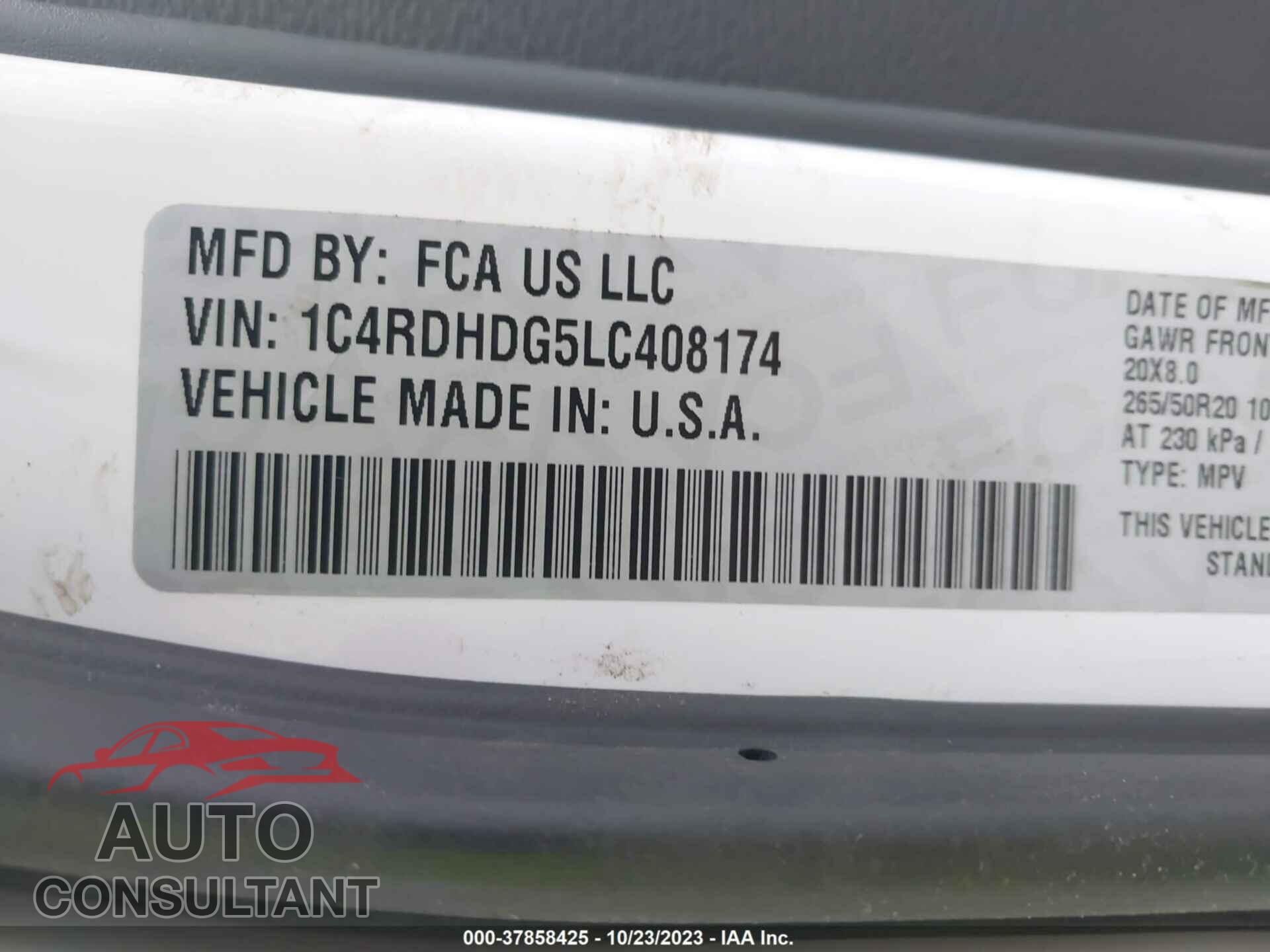 DODGE DURANGO 2020 - 1C4RDHDG5LC408174
