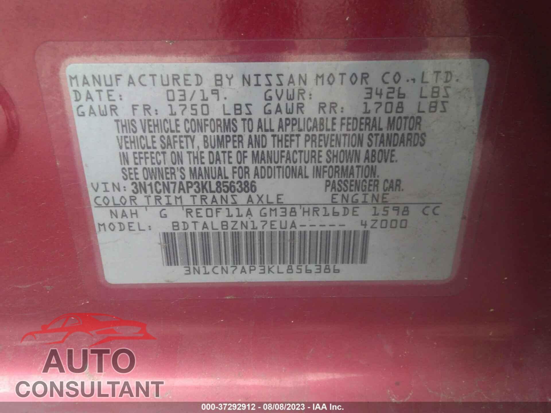 NISSAN VERSA 2019 - 3N1CN7AP3KL856386
