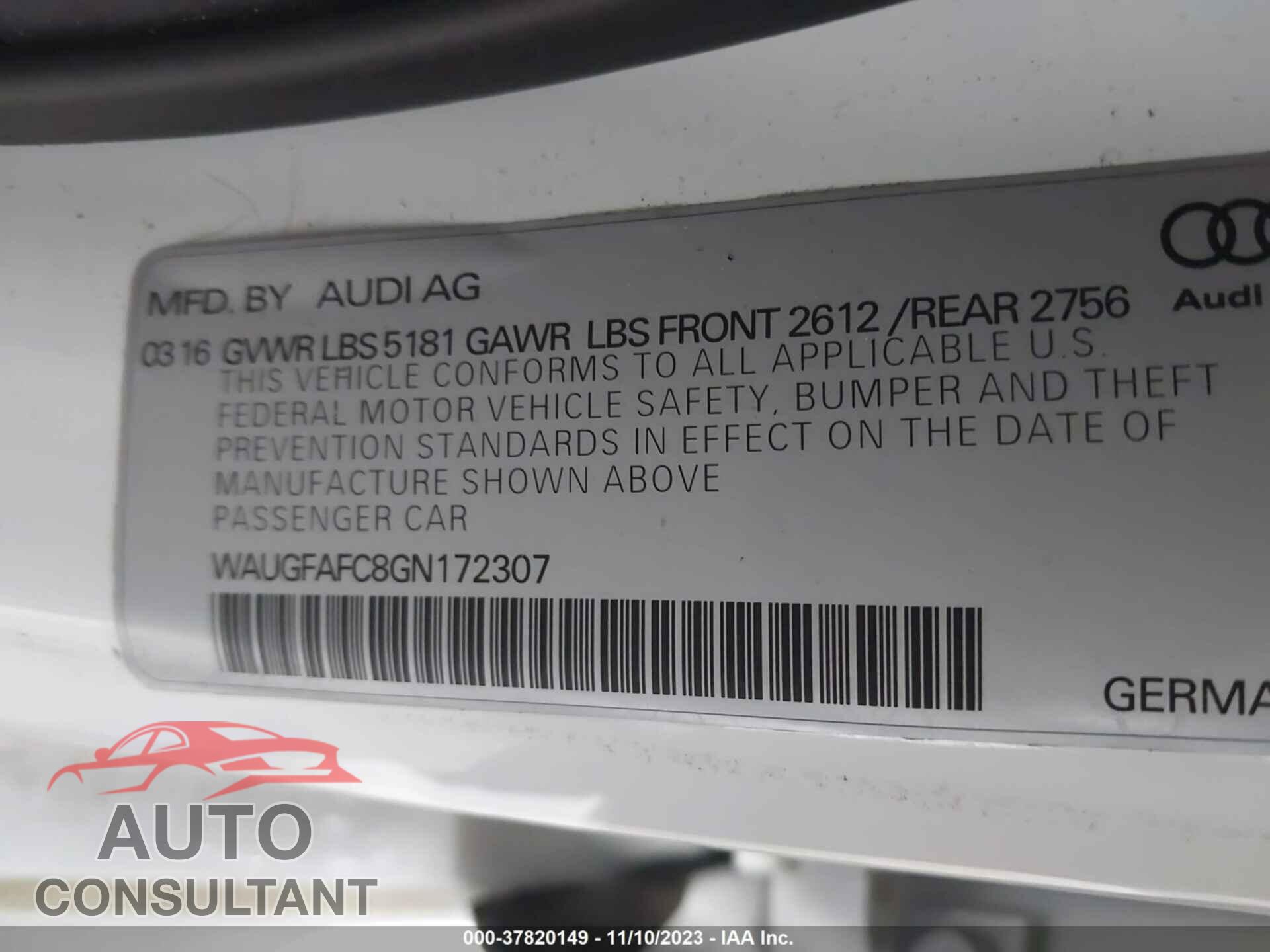 AUDI A6 2016 - WAUGFAFC8GN172307