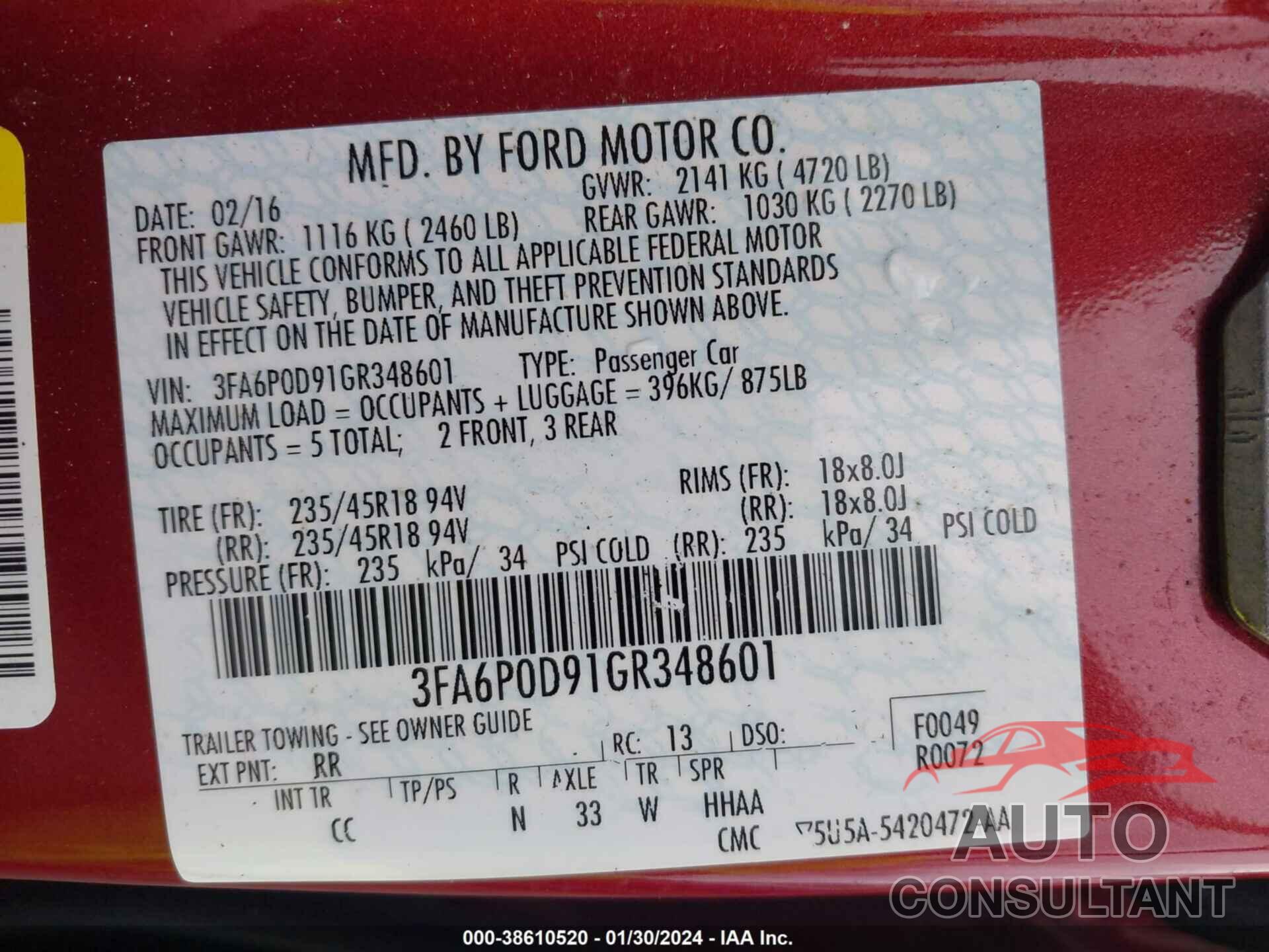 FORD FUSION 2016 - 3FA6P0D91GR348601