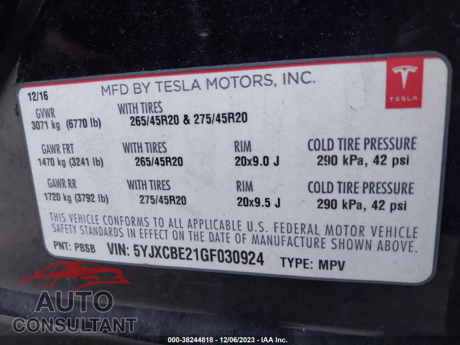 TESLA MODEL X 2016 - 5YJXCBE21GF030924