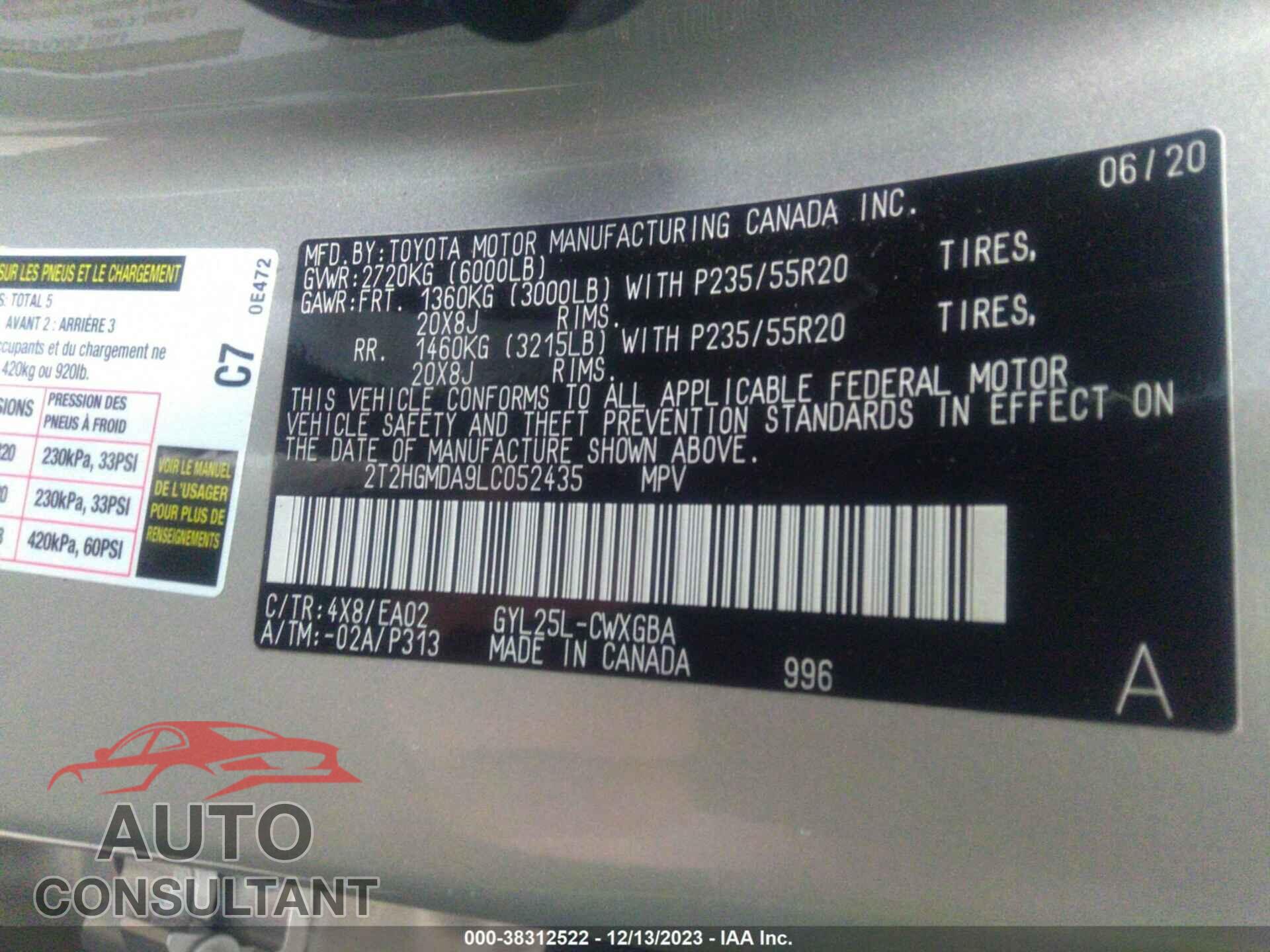LEXUS RX 2020 - 2T2HGMDA9LC052435