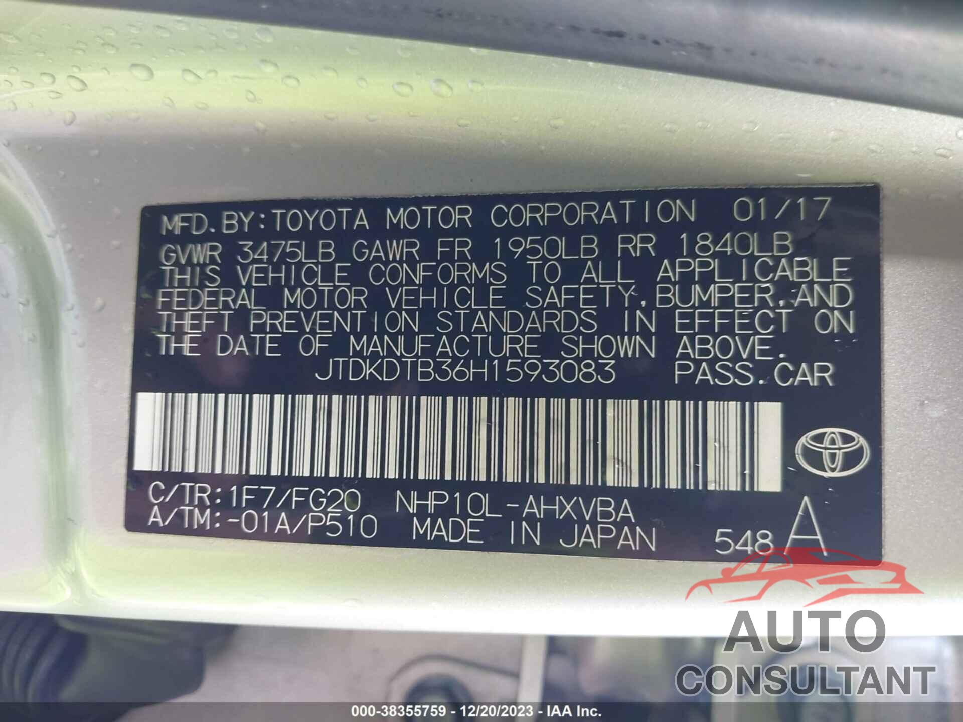 TOYOTA PRIUS C 2017 - JTDKDTB36H1593083