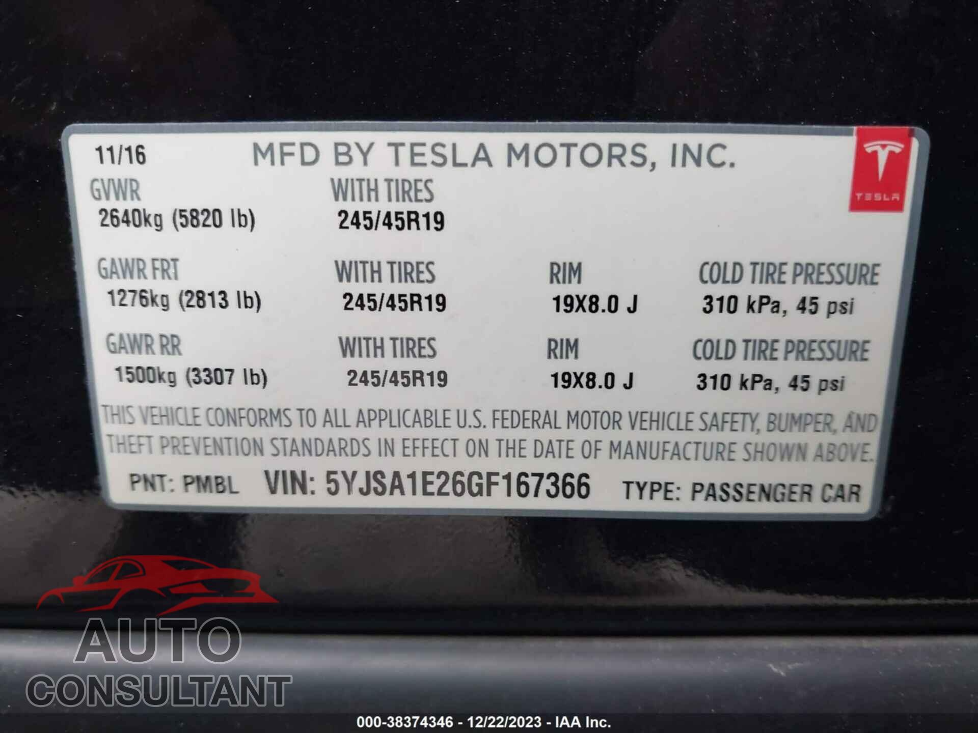 TESLA MODEL S 2016 - 5YJSA1E26GF167366