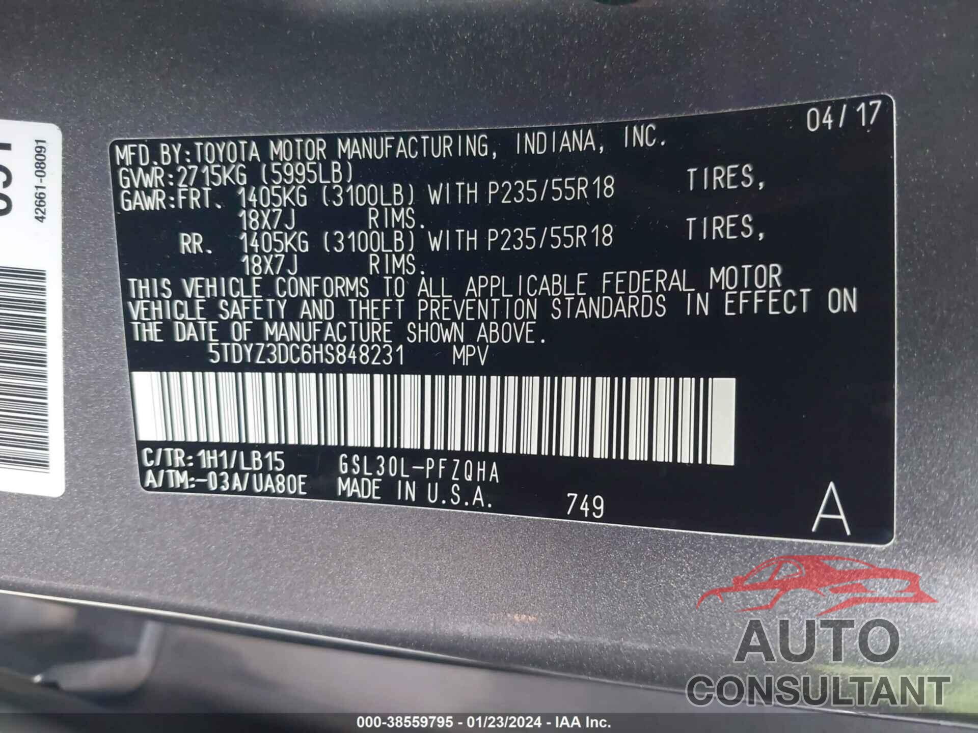 TOYOTA SIENNA 2017 - 5TDYZ3DC6HS848231