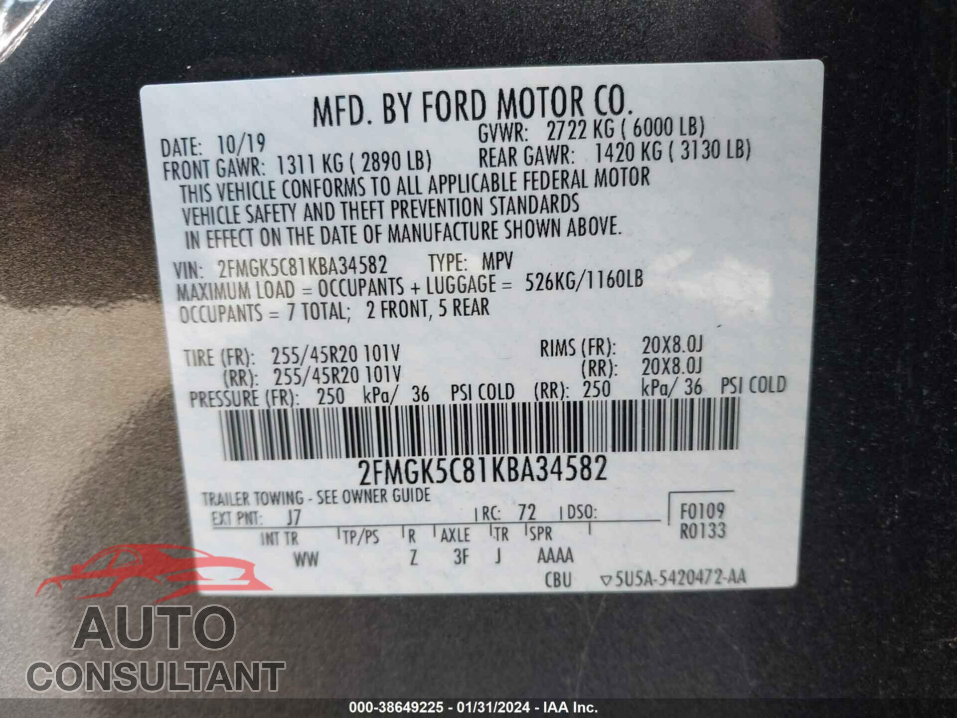 FORD FLEX 2019 - 2FMGK5C81KBA34582