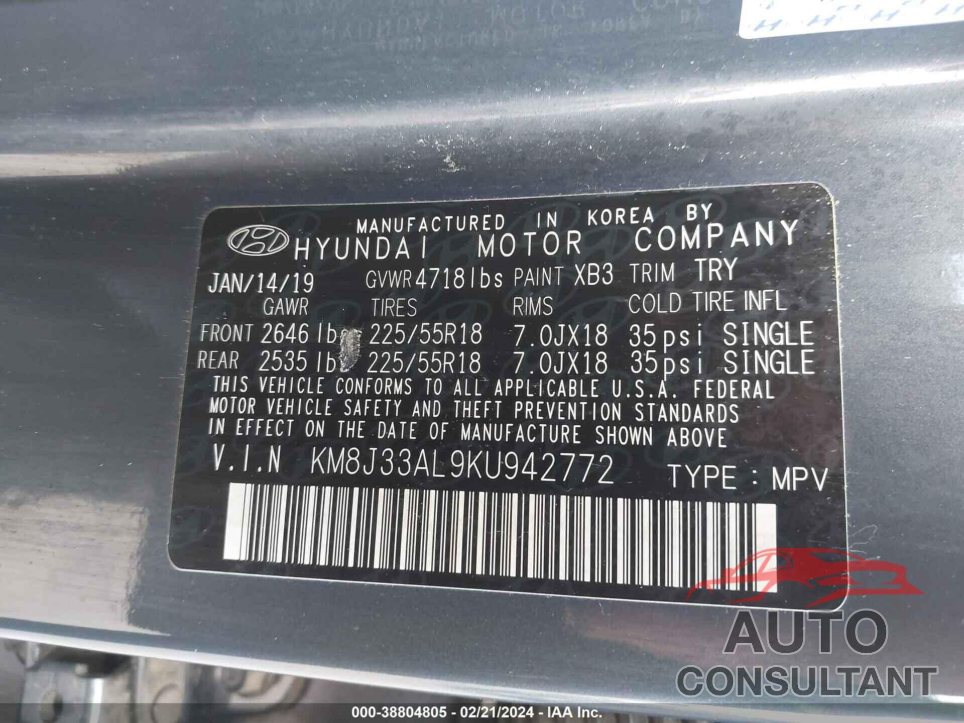 HYUNDAI TUCSON 2019 - KM8J33AL9KU942772