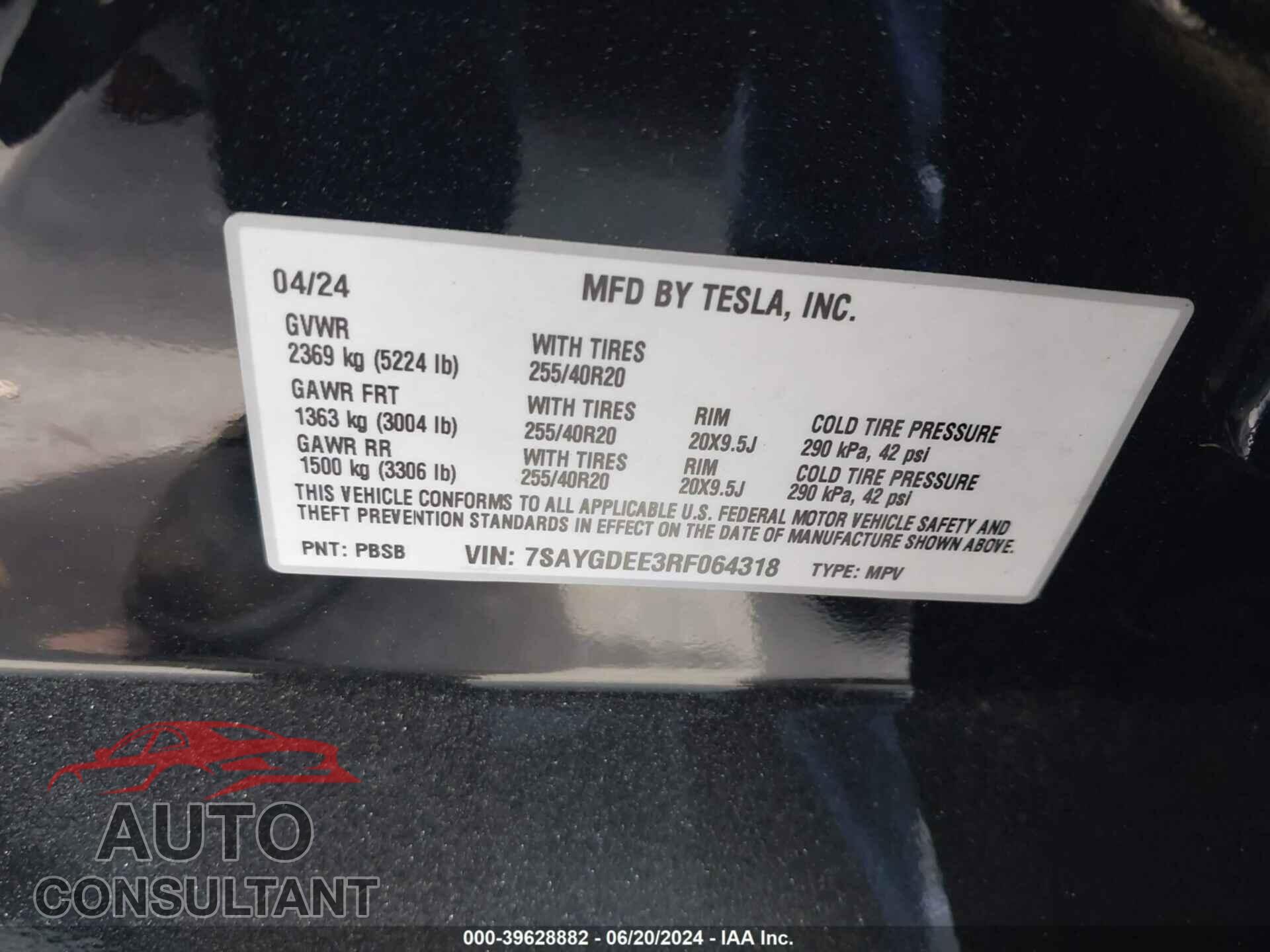 TESLA MODEL Y 2024 - 7SAYGDEE3RF064318
