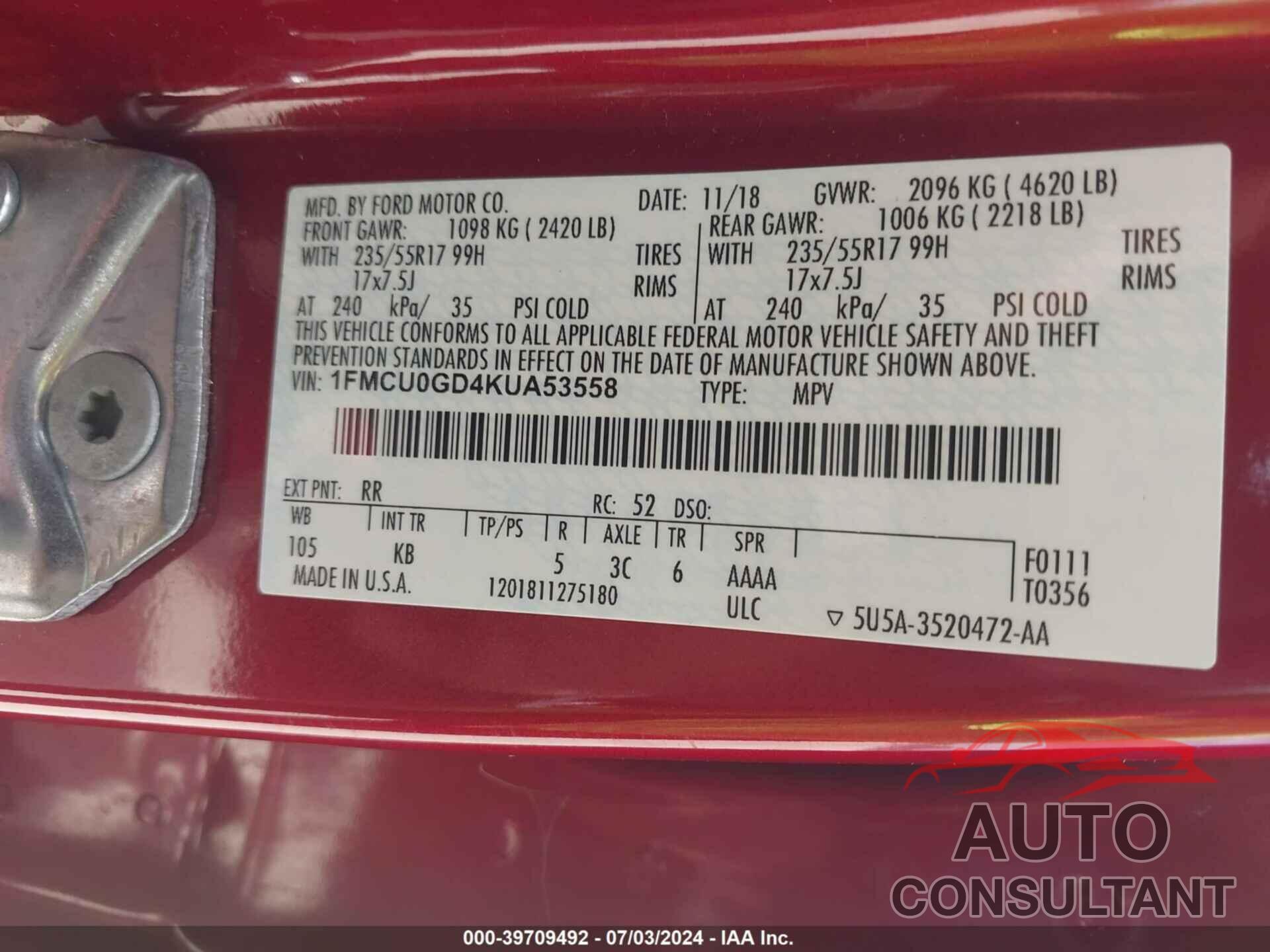 FORD ESCAPE 2019 - 1FMCU0GD4KUA53558