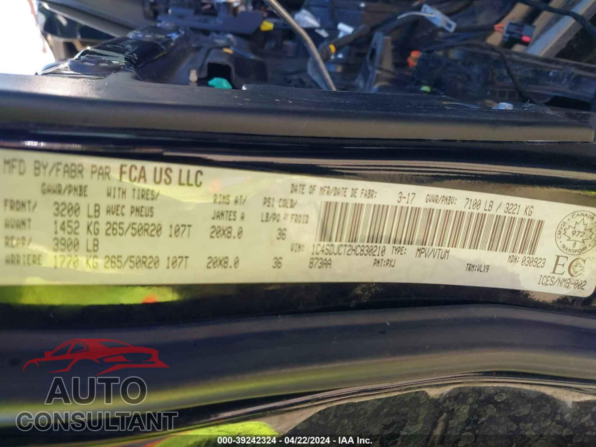DODGE DURANGO 2017 - 1C4SDJCT2HC830210