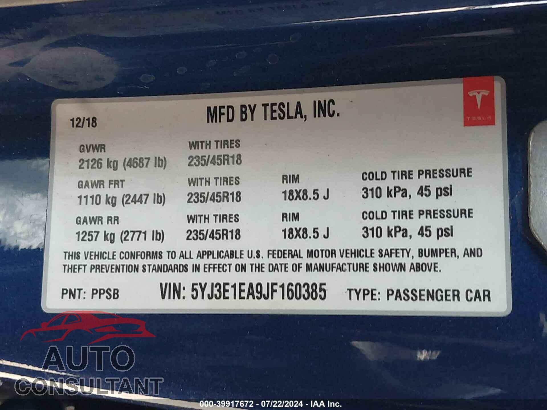 TESLA MODEL 3 2018 - 5YJ3E1EA9JF160385